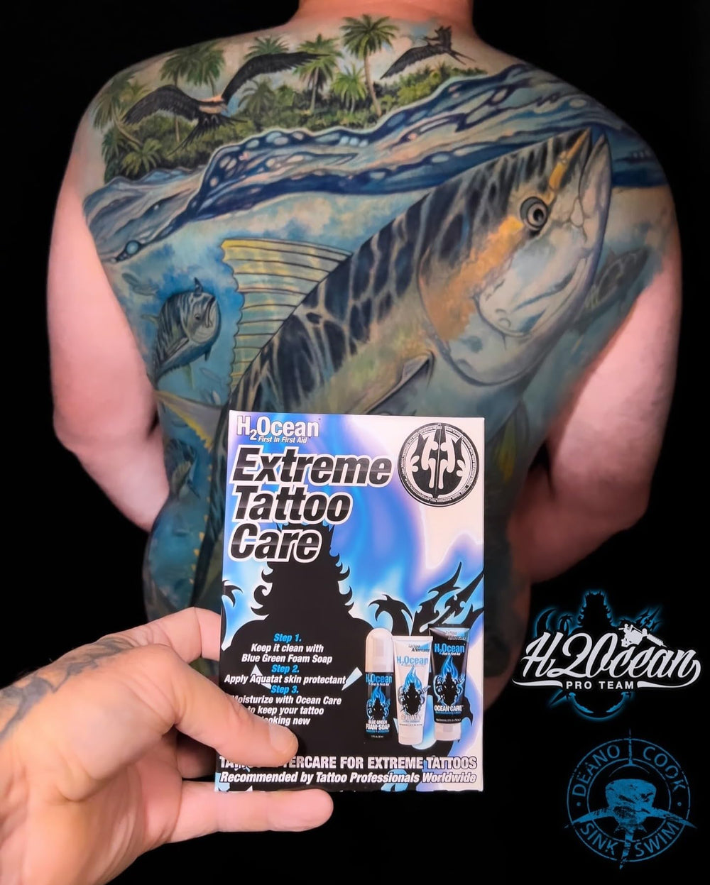 Close-up of H2Ocean Extreme moisturizer applying on tattoo area