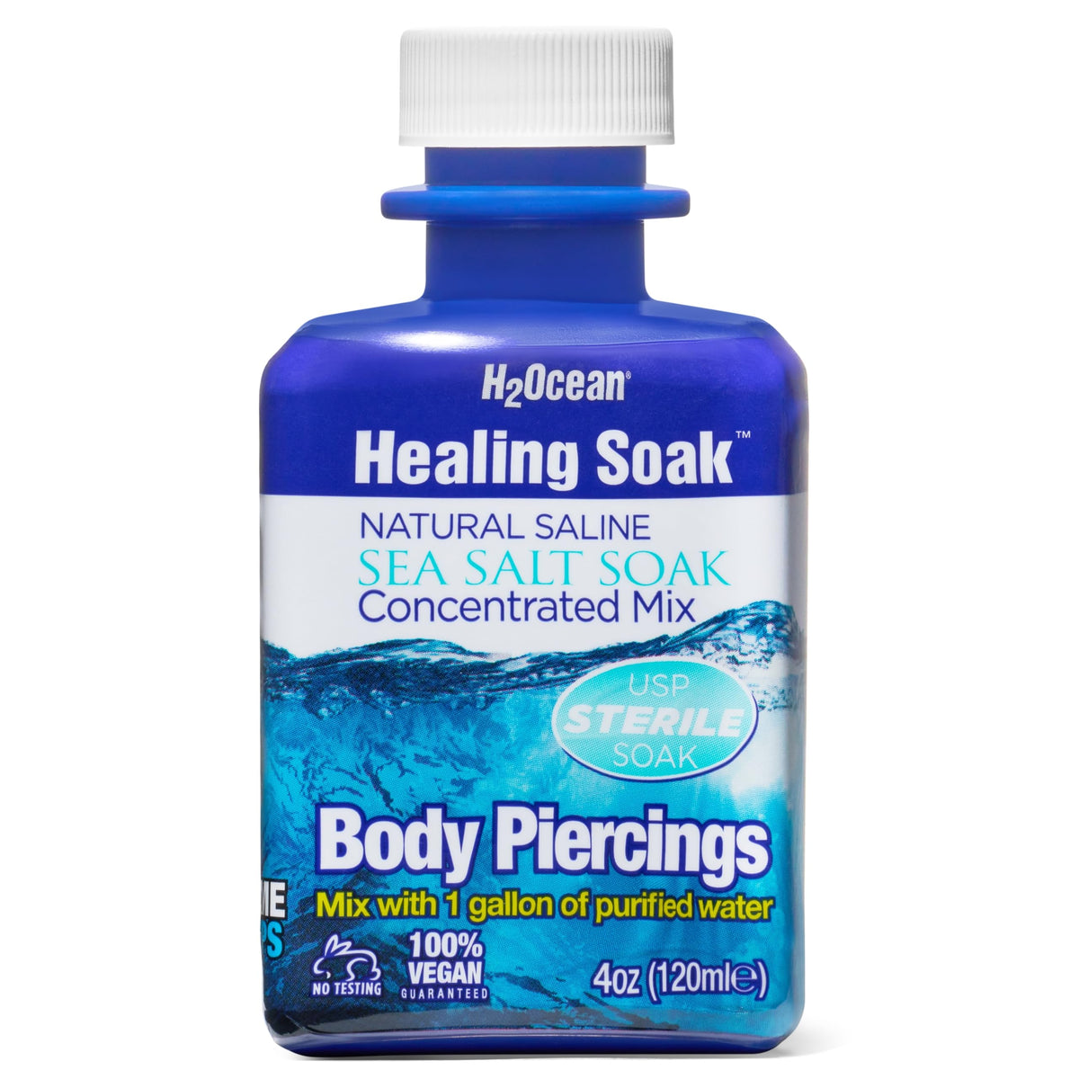 H2Ocean Healing Soak bottle highlights pure sea-salt formula for piercing care.