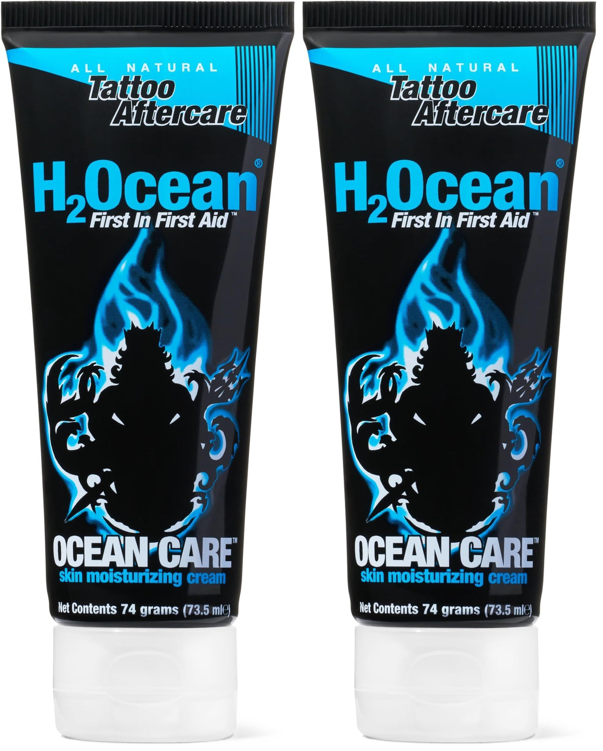 H2Ocean Ocean Care tattoo lotion bottle showing fragrance-free hydration for fresh tattoos
