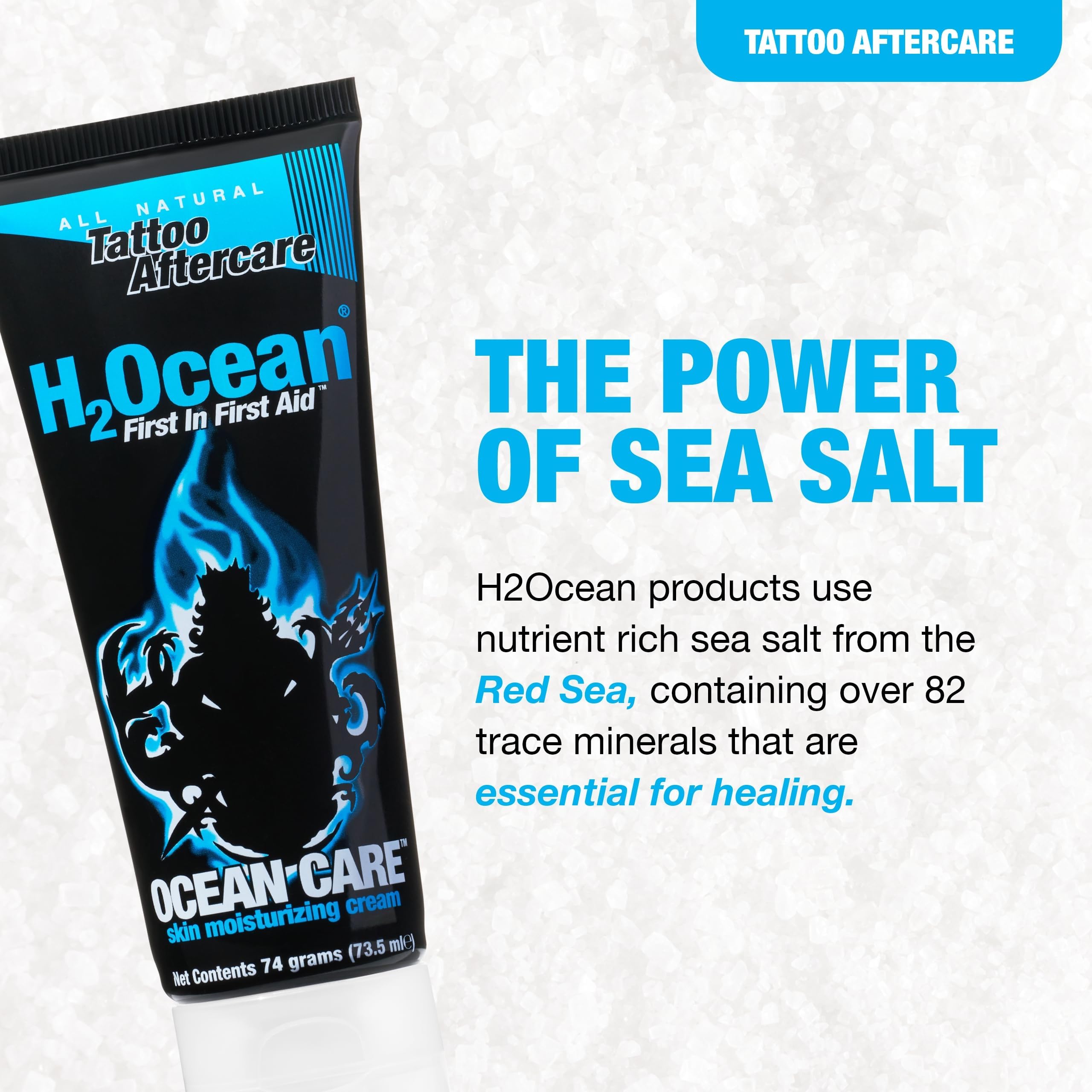H2Ocean Ocean Care packaging highlights dye-free formula for long-lasting tattoo care