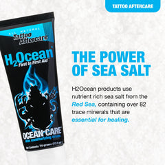 H2Ocean Ocean Care packaging highlights dye-free formula for long-lasting tattoo care