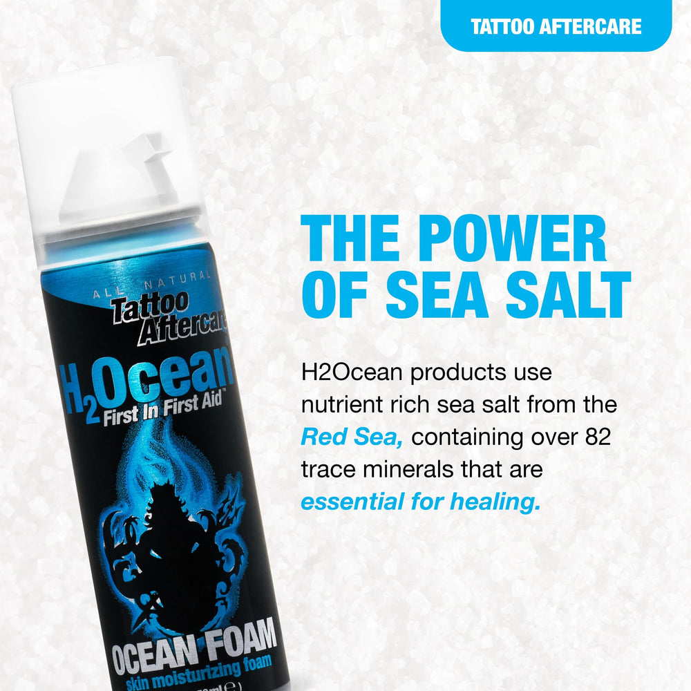Ocean Foam application on skin promotes clean, soothing aftercare during tattoo healing.