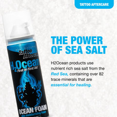 Ocean Foam application on skin promotes clean, soothing aftercare during tattoo healing.