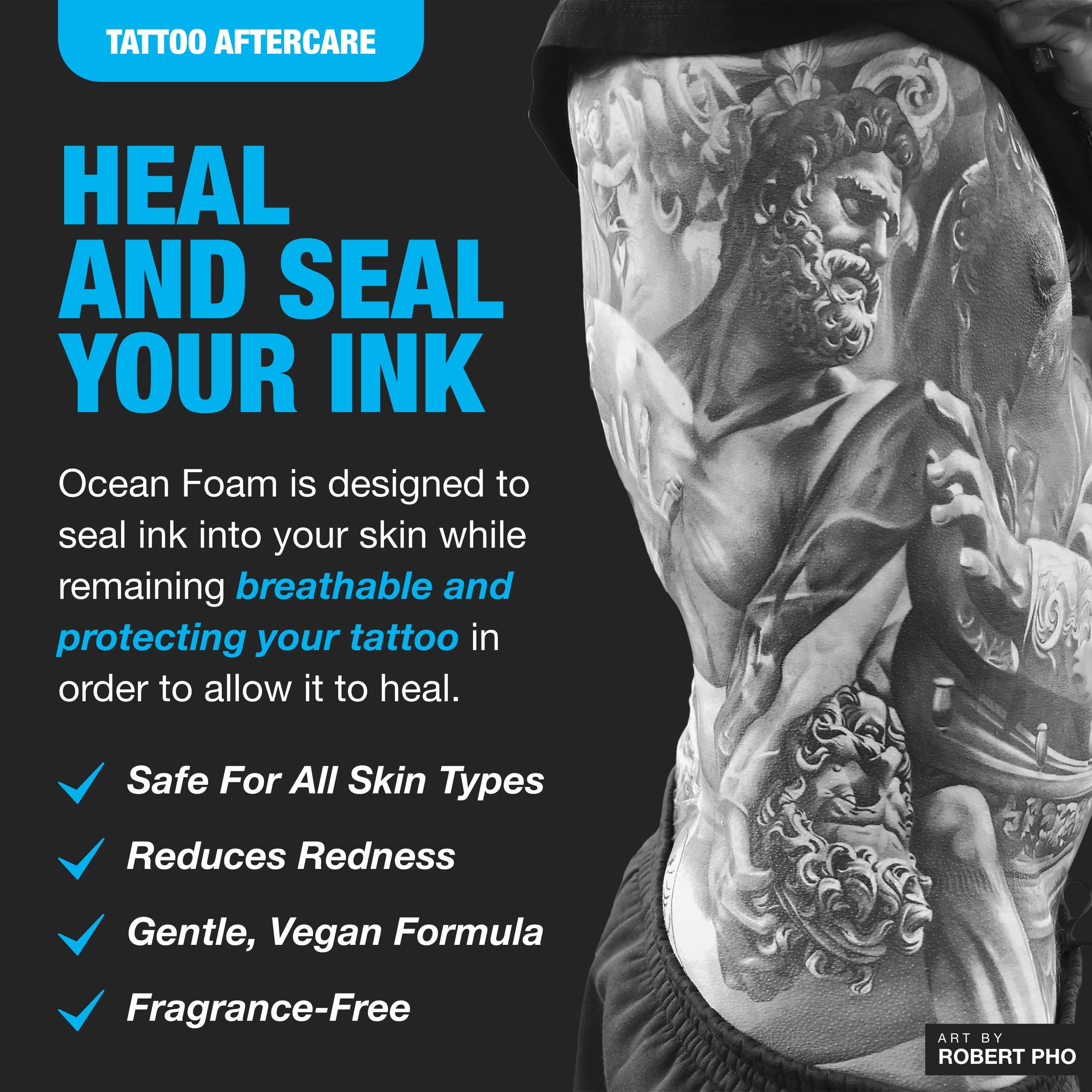 H2Ocean Ocean Foam bottle back label highlights water-based, fragrance-free formula.