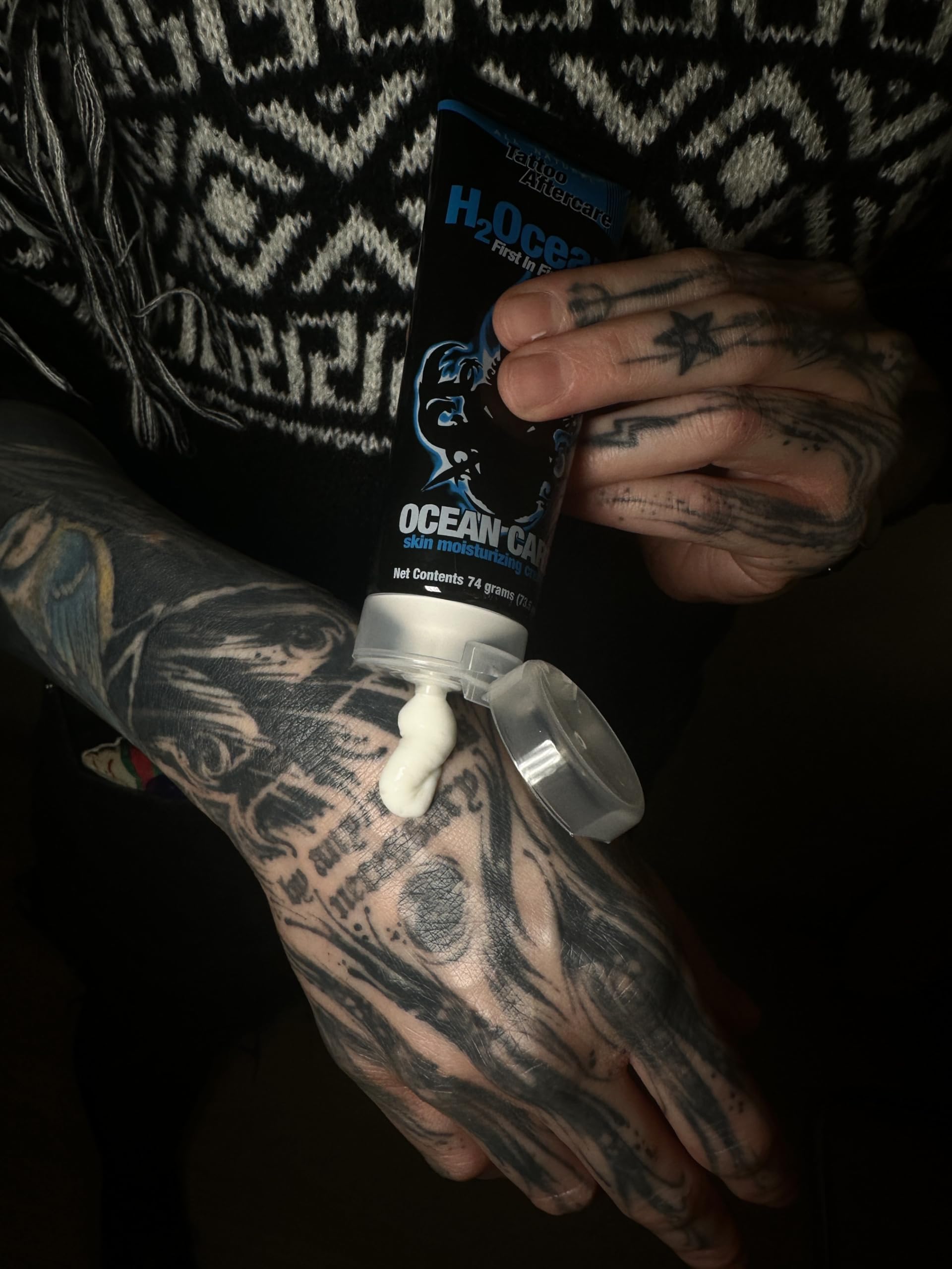 H2Ocean old tattoo hydration scene illustrating revitalized appearance and maintained color