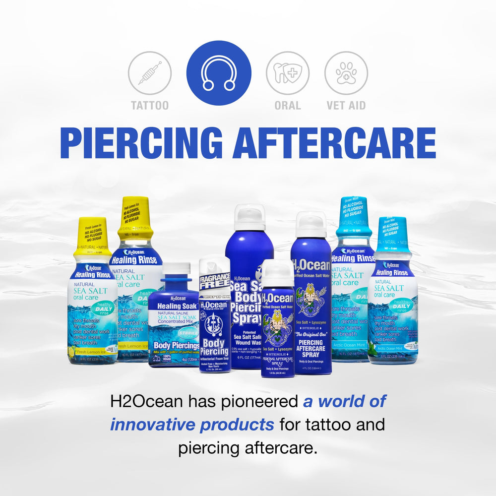 H2Ocean piercing aftercare routine guide visual for step-by-step care.