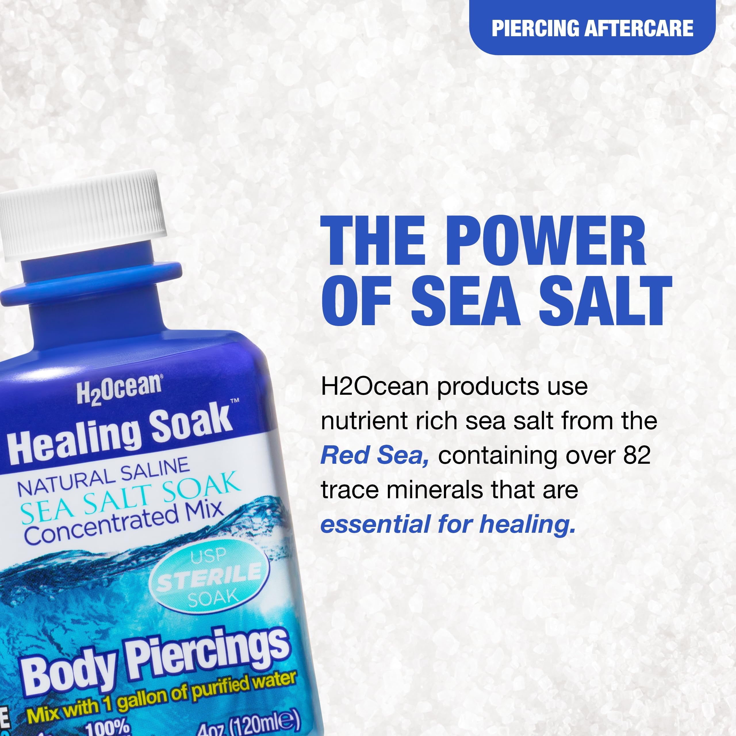 H2Ocean sea salt bath mix in jar showing mineral-rich solution for wound support.