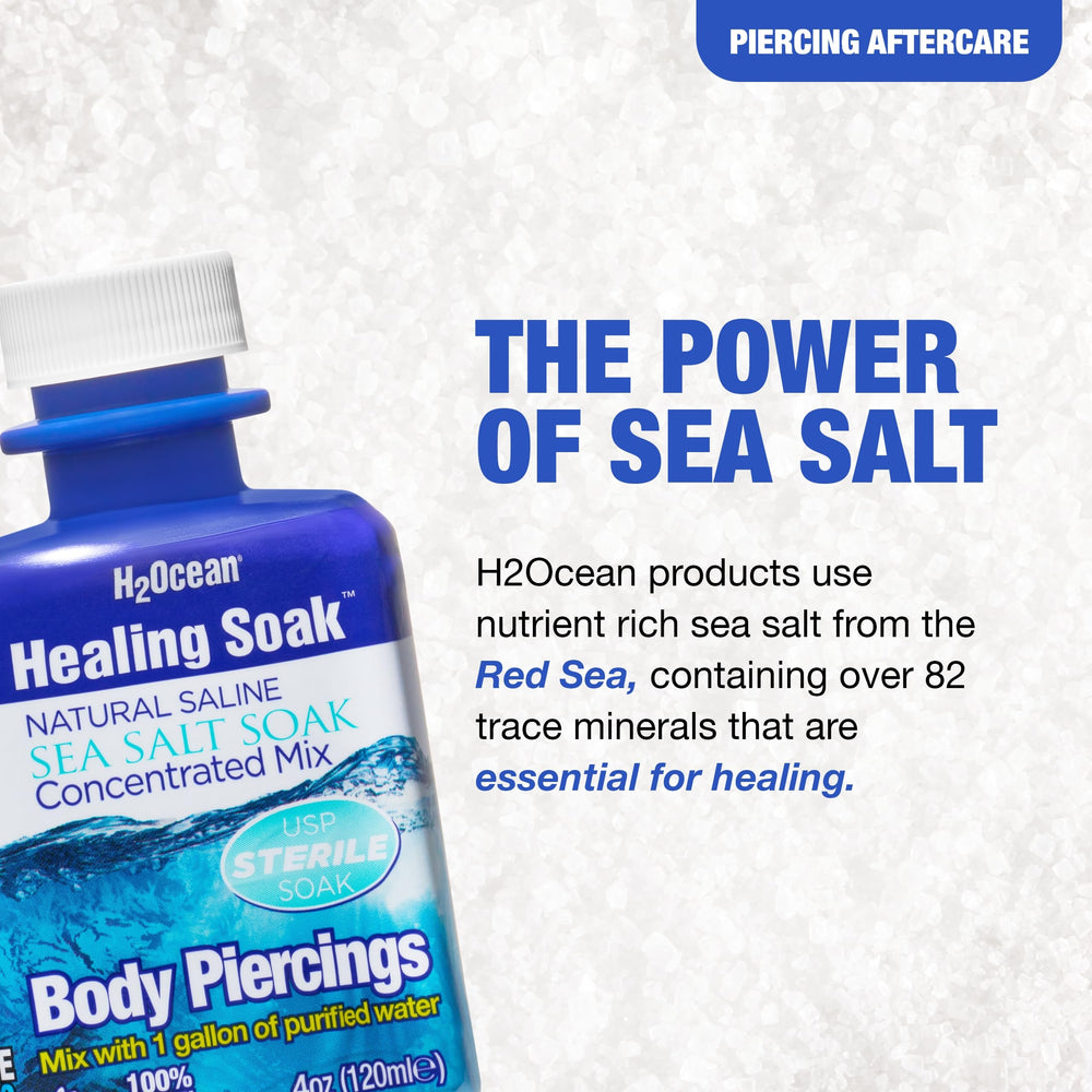 H2Ocean sea salt bath mix in jar showing mineral-rich solution for wound support.