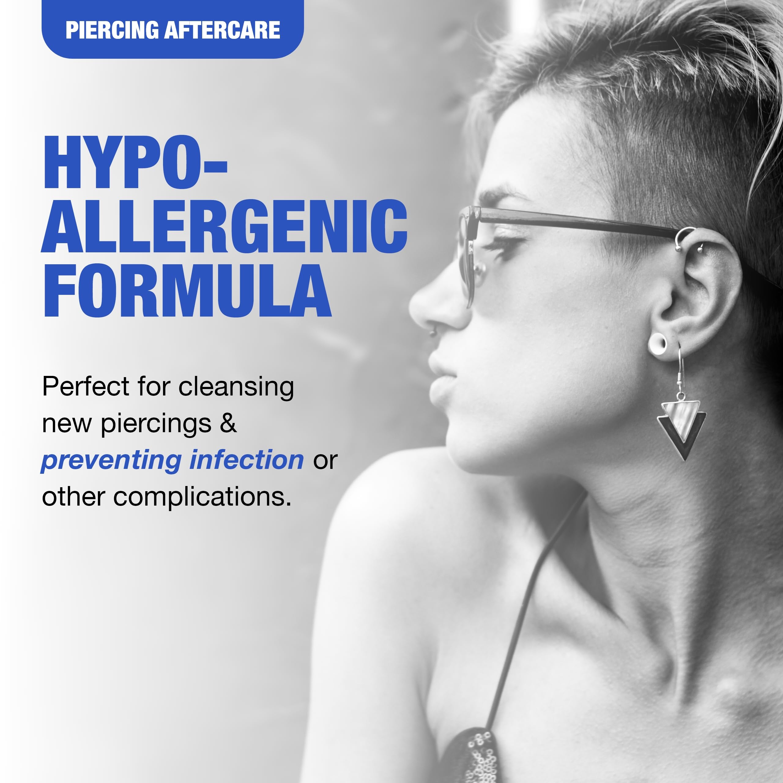 Dispensing spray from bottle, ideal for cleansing fresh piercings.
