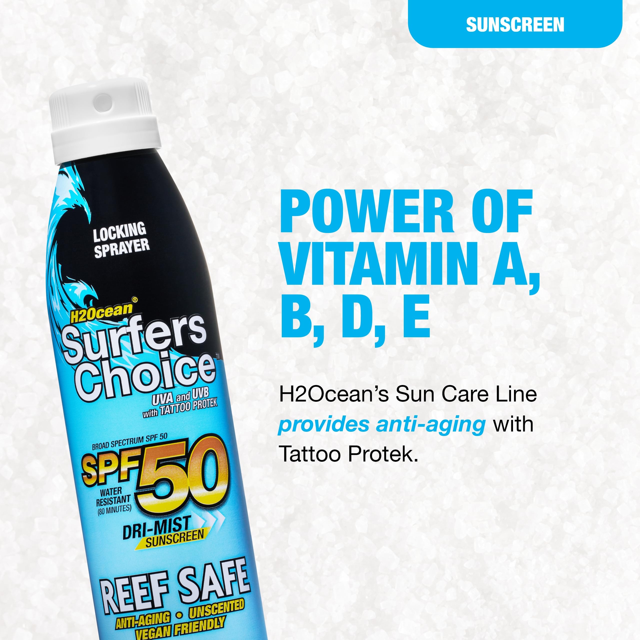 Reef-safe label on H2Ocean bottle highlights eco-friendly sun care