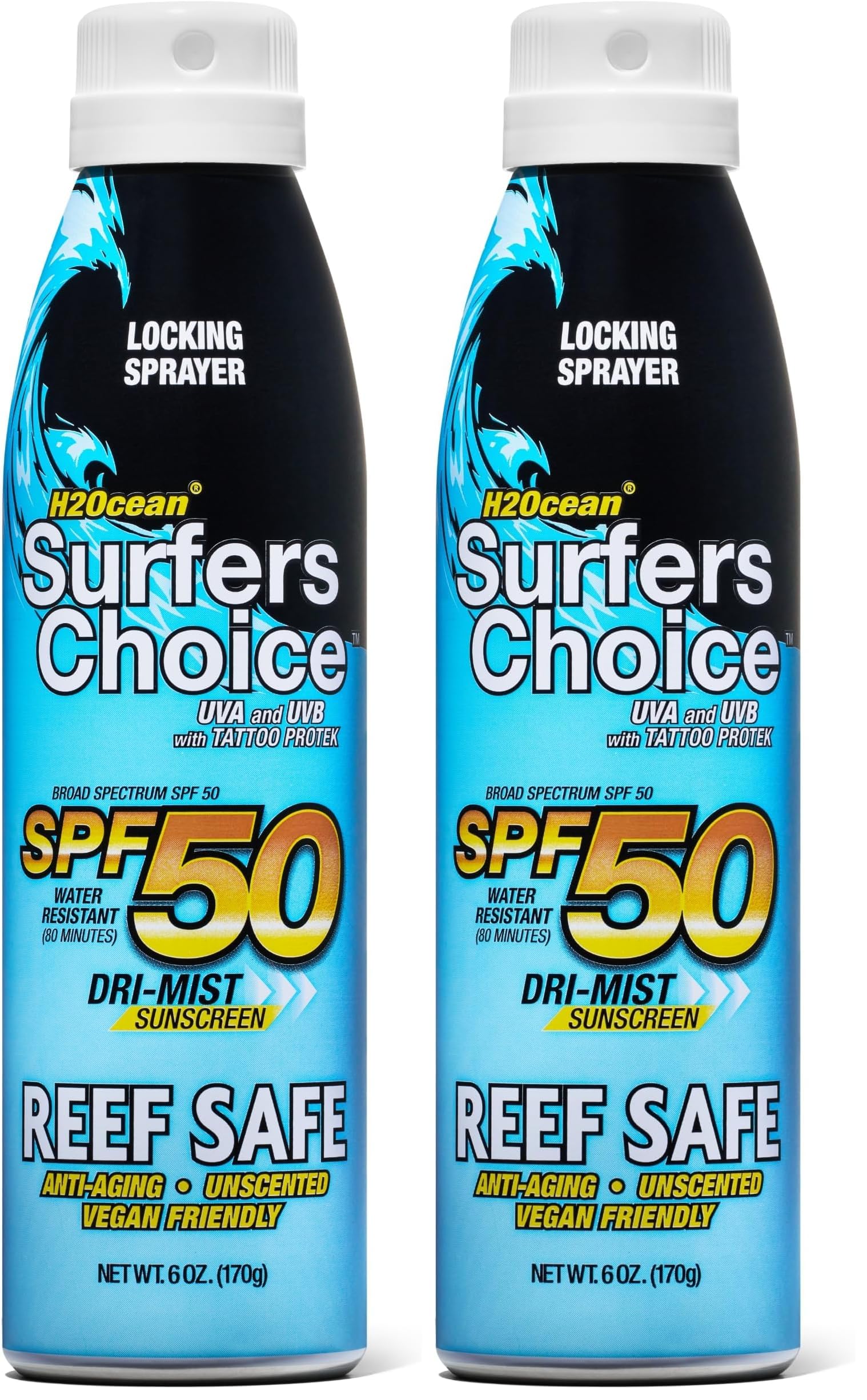 H2Ocean Surfers Choice sunscreen spray bottle front showing UV protection
