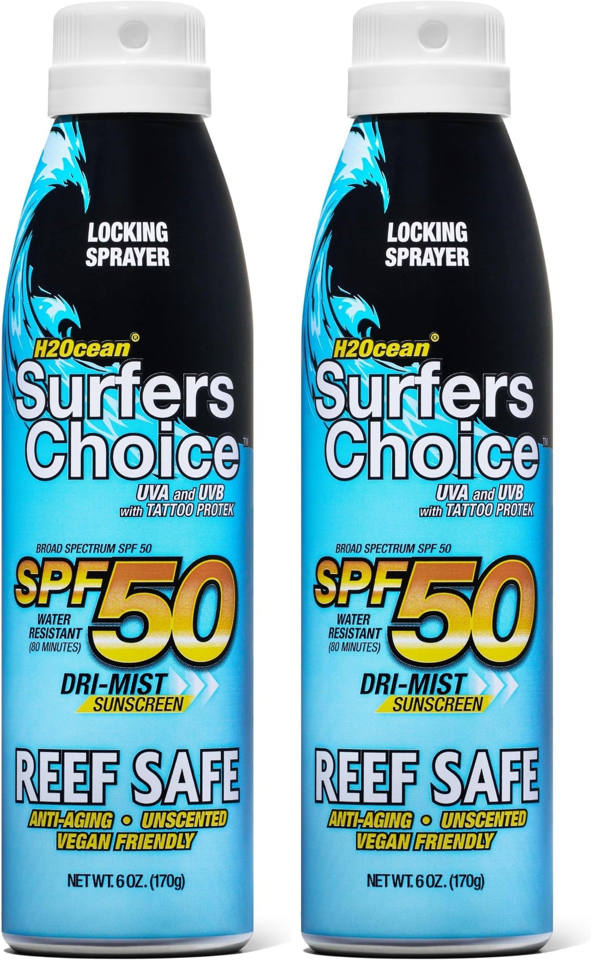 H2Ocean Surfers Choice sunscreen spray bottle front showing UV protection