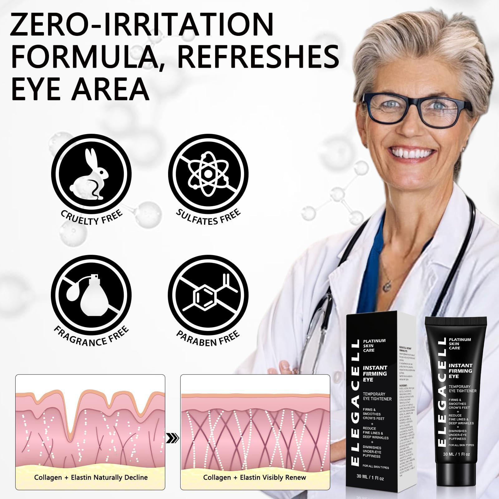 Soft hydrated skin around the eyes after using HACIRFE Elegacell.