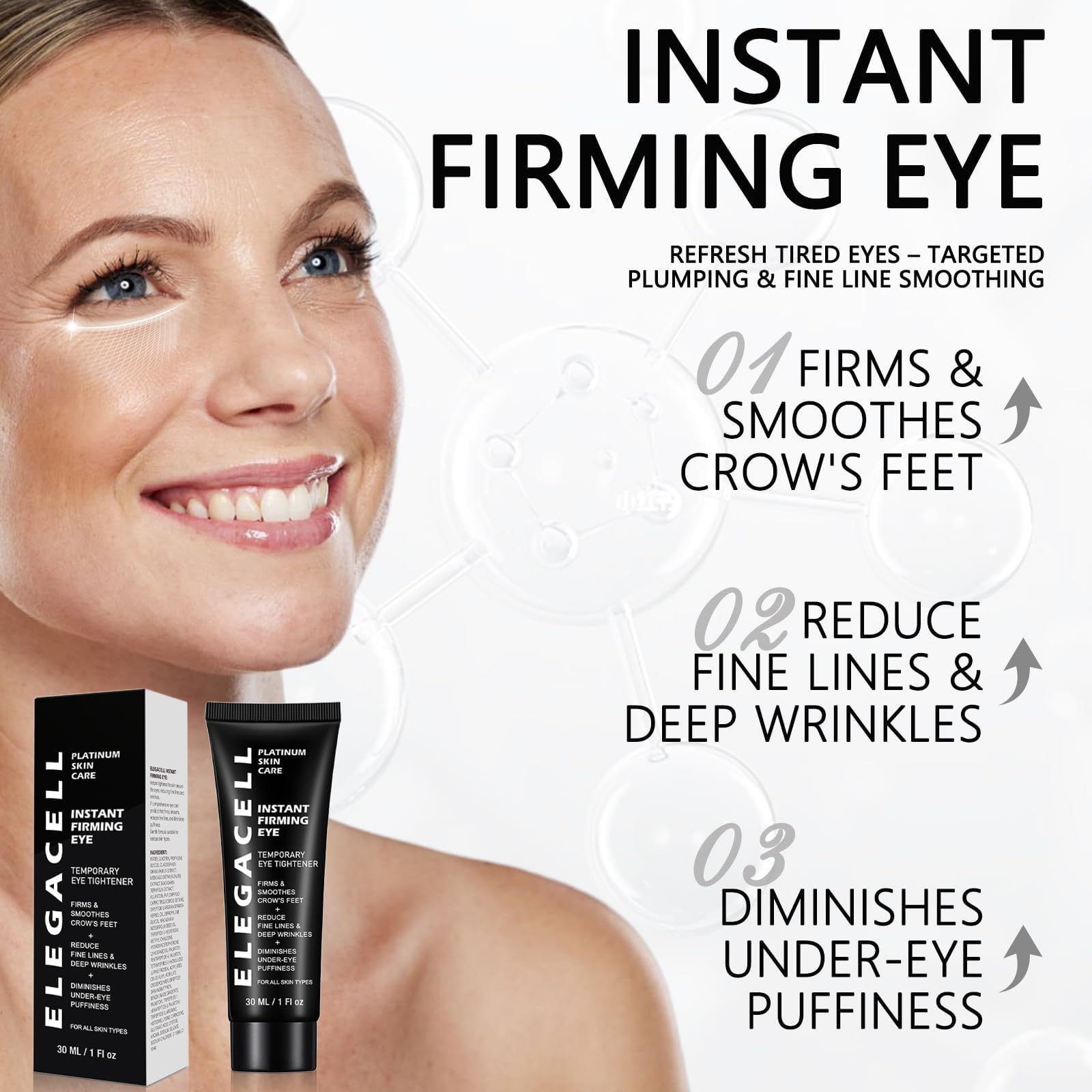 Under-eye puffiness reduction visible with HACIRFE Elegacell formula.