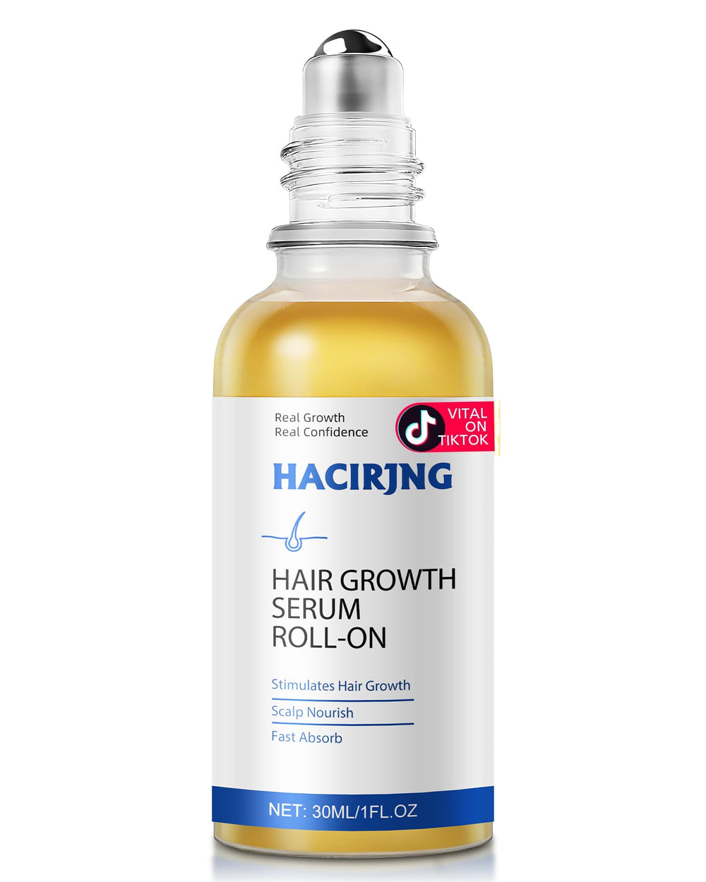 HACIRJNG Hair Growth Serum Roll-On bottle front view for easy nightly scalp nourishment.