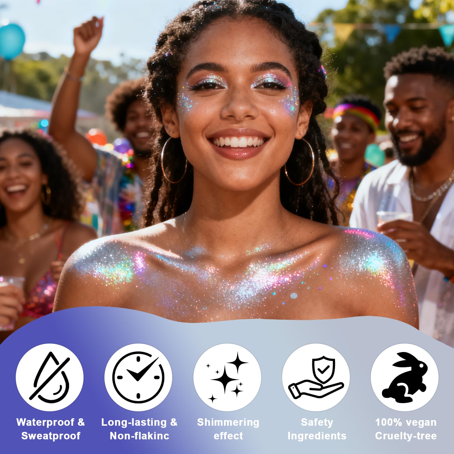 Hacjkaz party-glitter makeup adds festival-ready sparkle that cleans up with water.