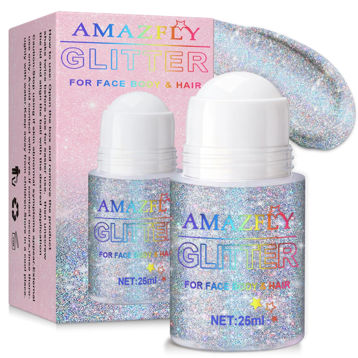 Hacjkaz roll-on bottle front shows rainbow holographic glitter for festive face and hair looks.