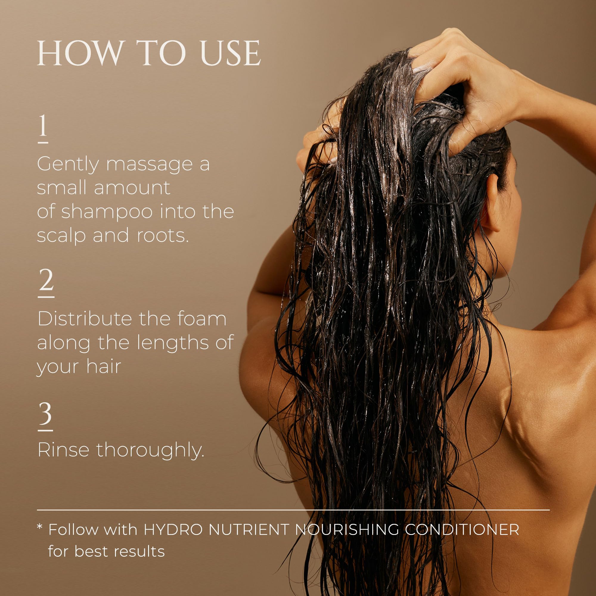 HADAT Hydro Nourishing Moisture Shampoo after washing on hair length for softness and shine.