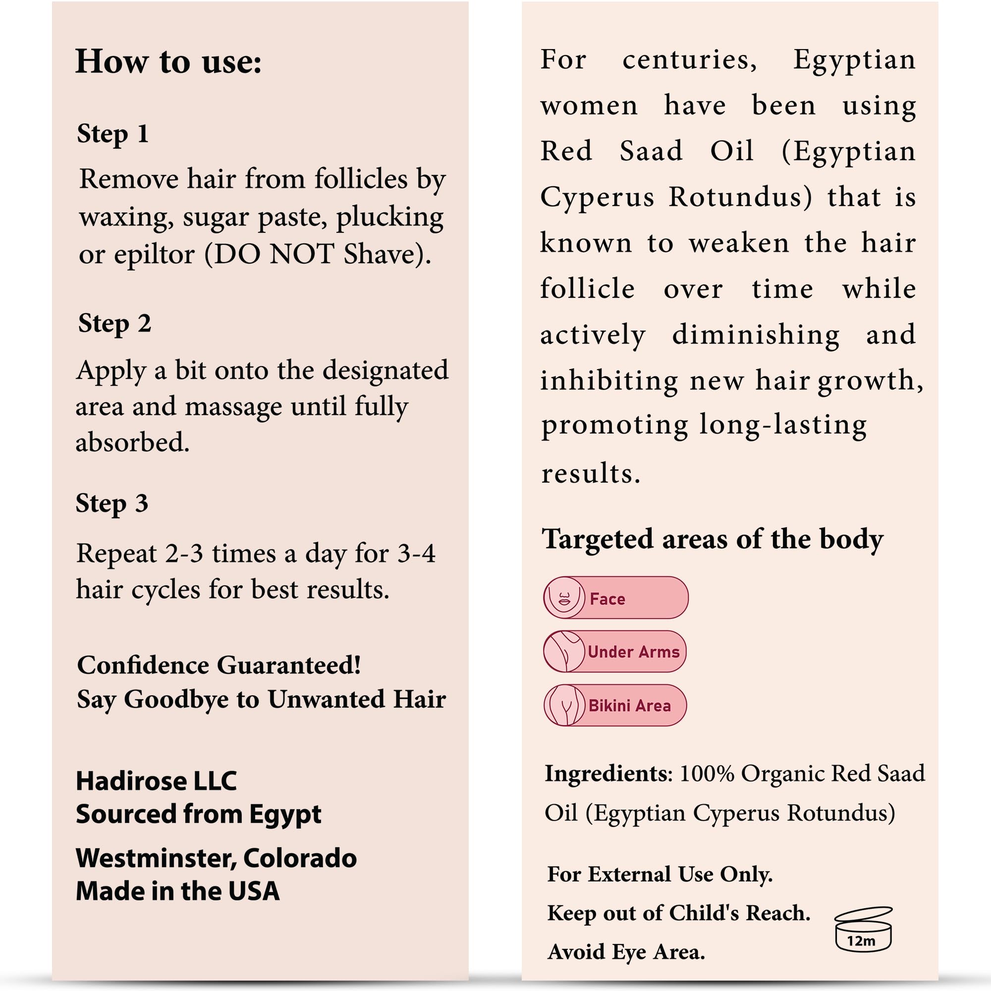 Hadirose safe-to-use oil pack showcasing skin-friendly formula