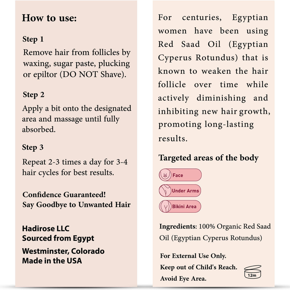 Hadirose safe-to-use oil pack showcasing skin-friendly formula