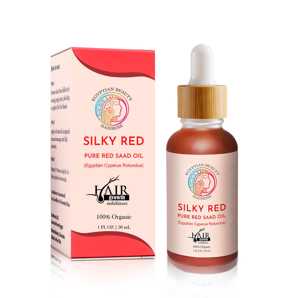 Hadirose Silky Red oil bottle with pure Egyptian Cyperus Rotundus for natural hair care