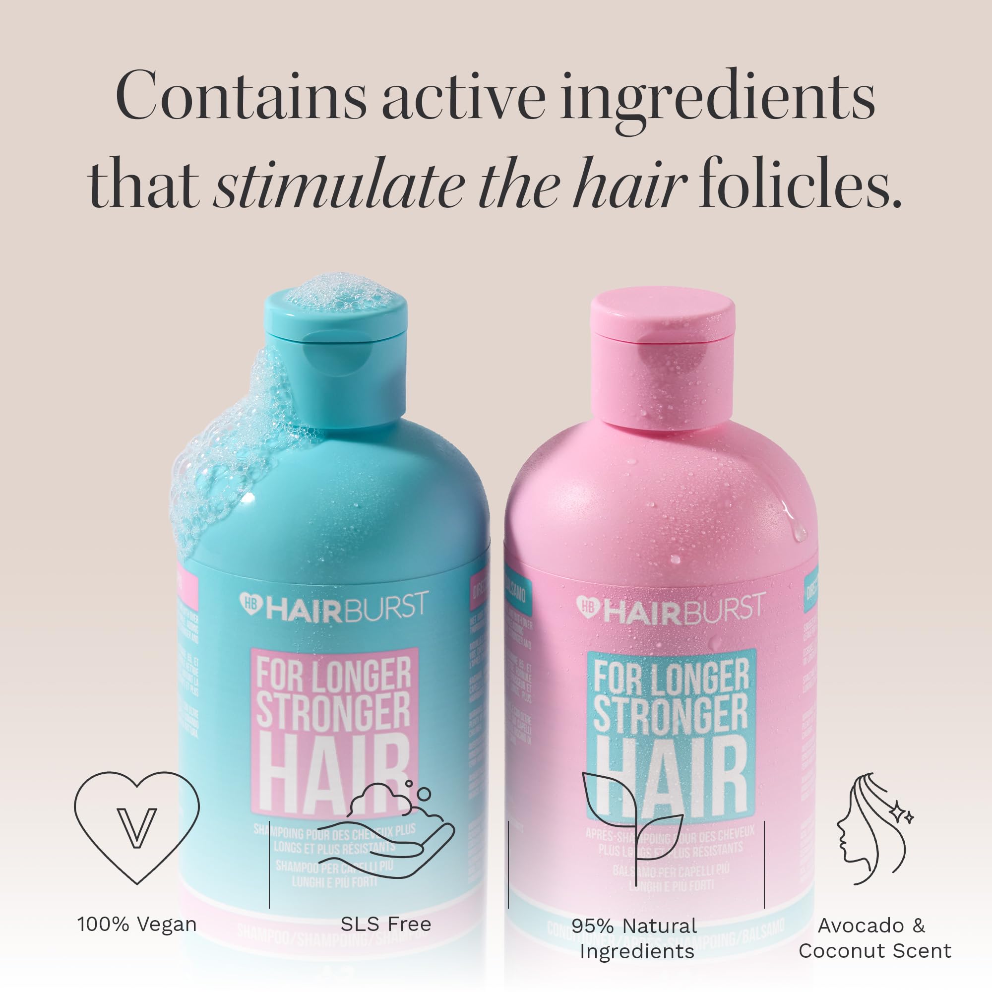 HAIR BURST conditioner bottle with coconut-avocado aroma for detangling and shine.