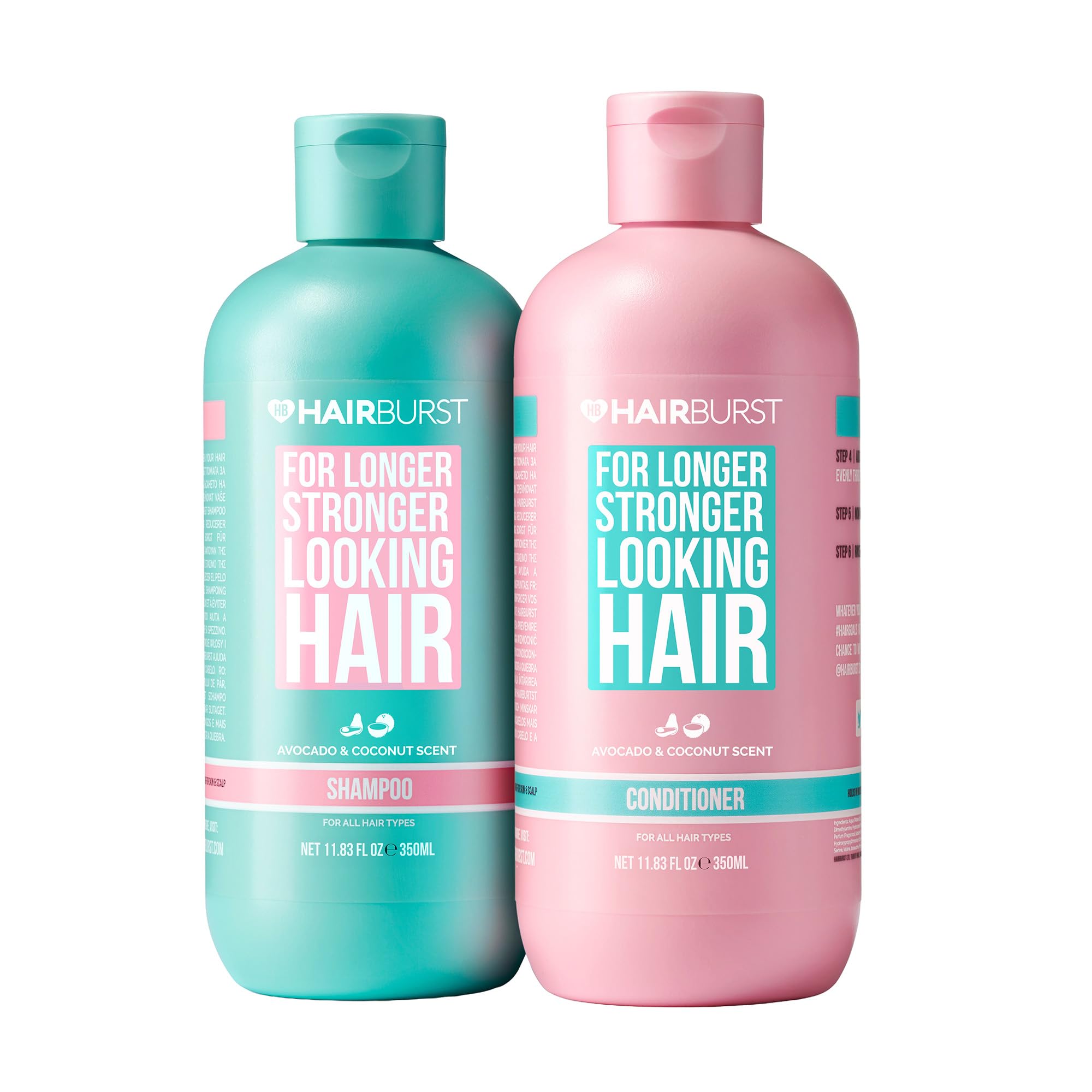 HAIR BURST shampoo bottle with coconut-avocado scent for hydration and cleansing.