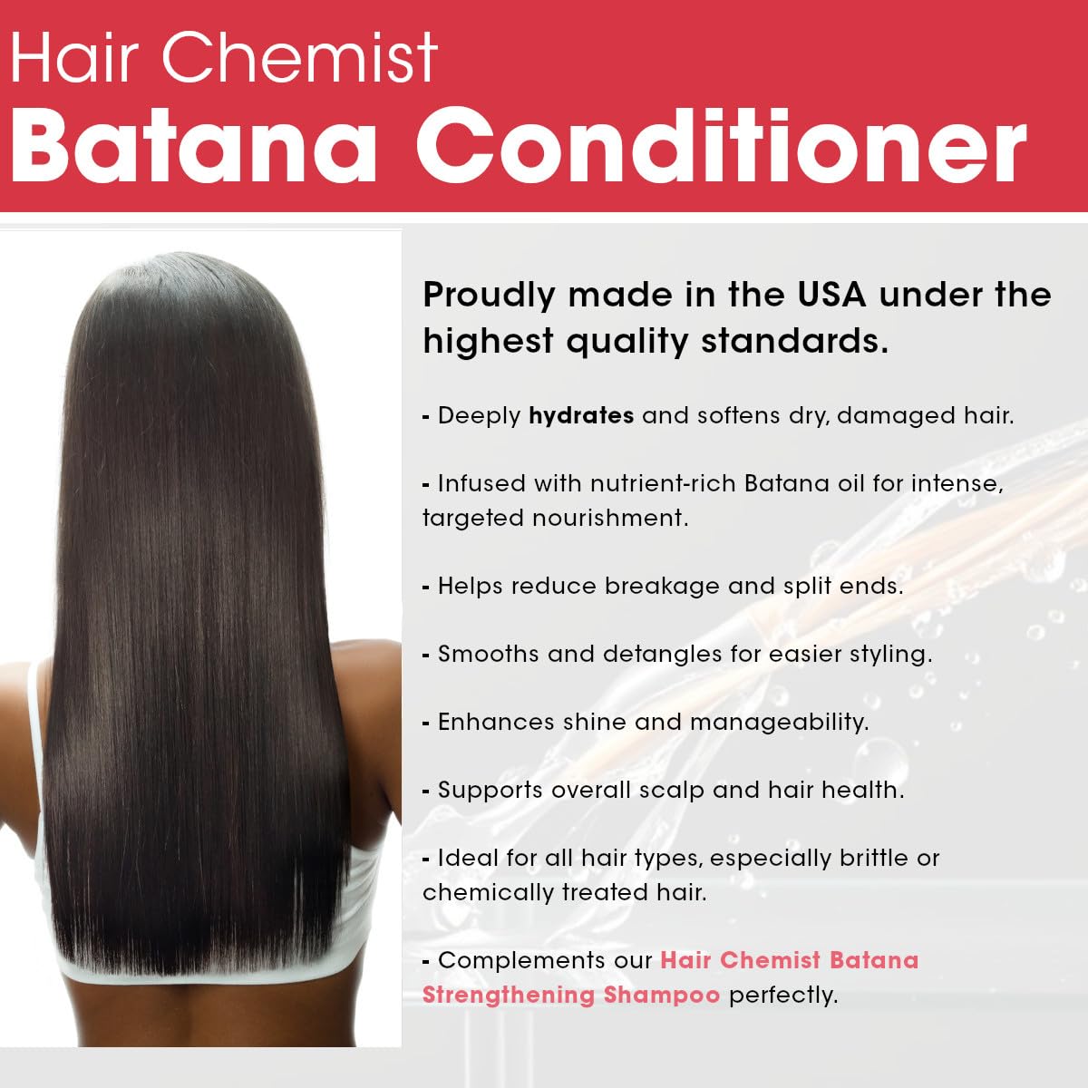 Hair Chemist Batana Strengthening Conditioner ingredients batana oil emphasis for healthier hair feel.