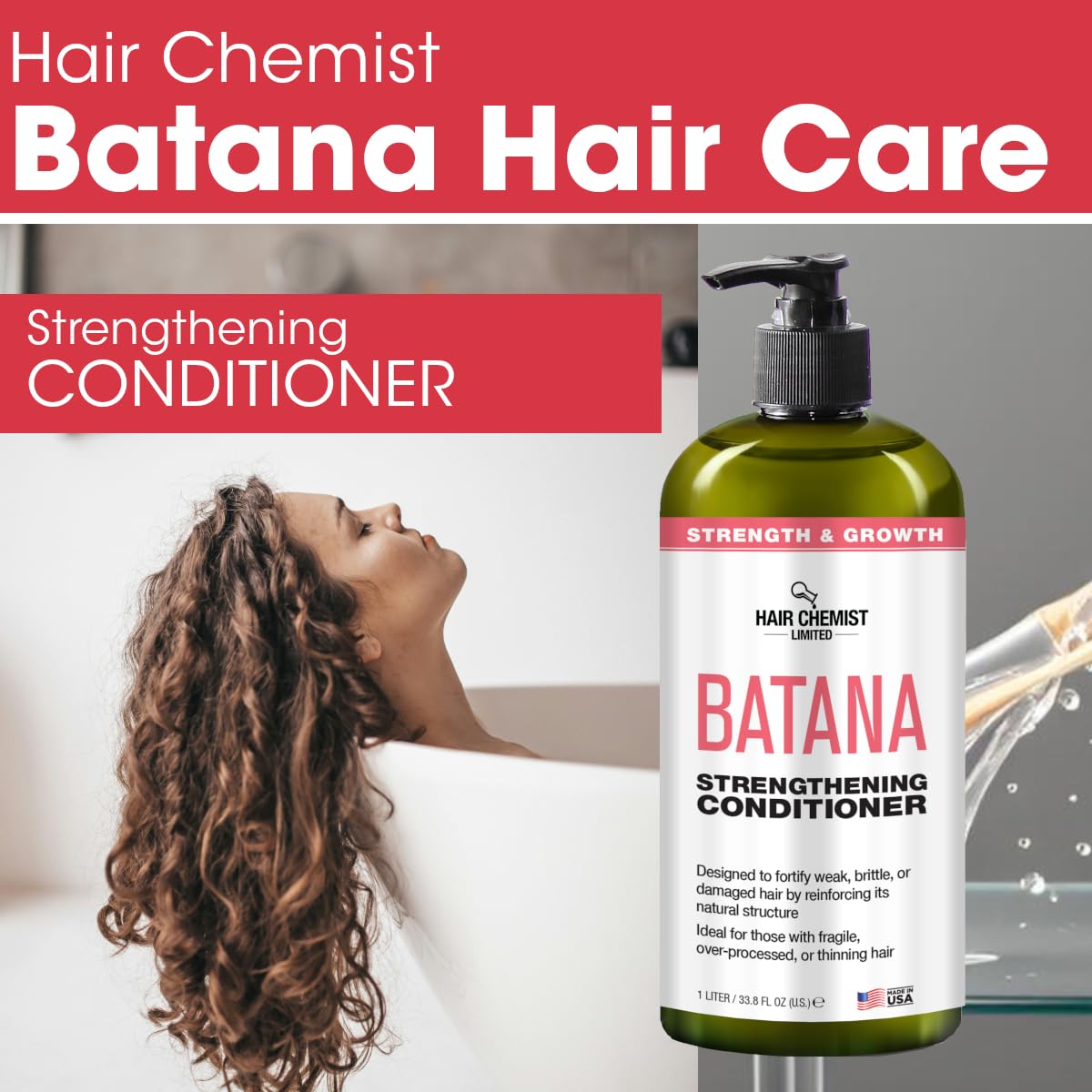 Hair Chemist Batana Strengthening Conditioner wet-hair shot highlights conditioning benefits.