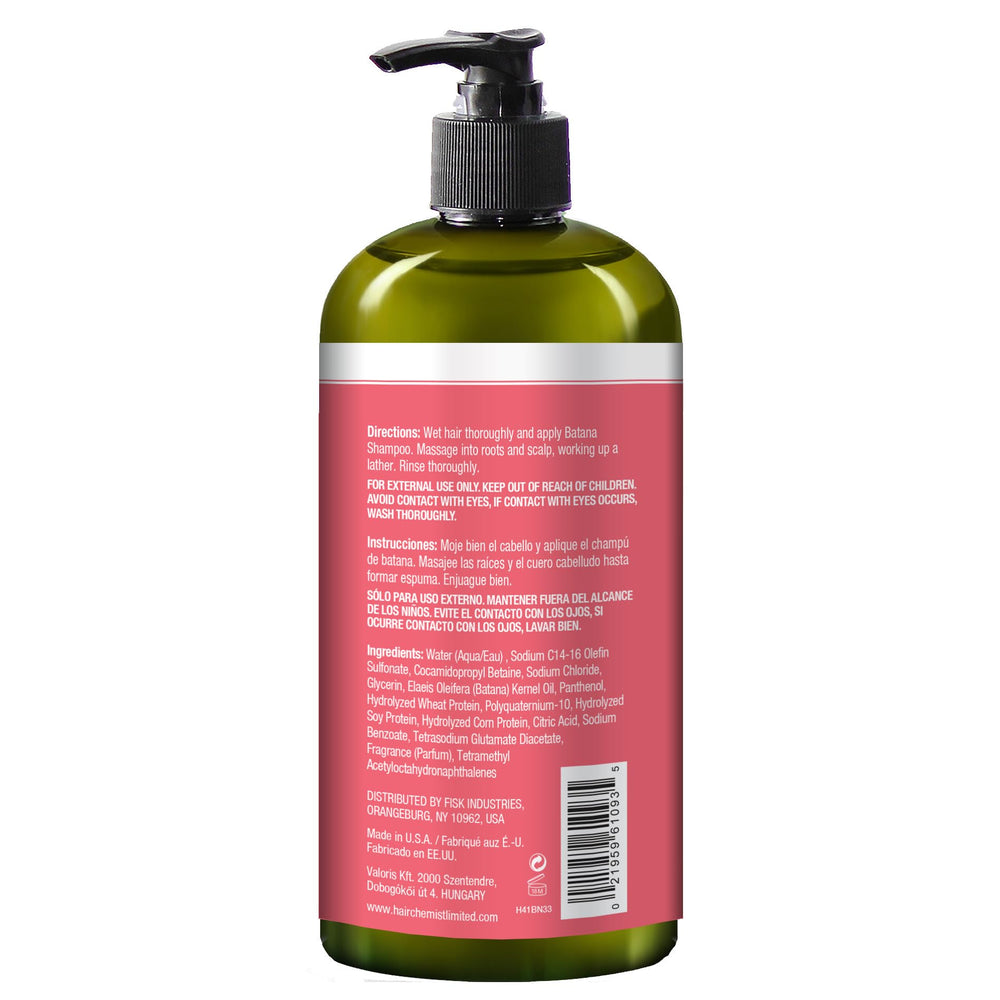 Hair Chemist Batana Strengthening Shampoo bottle back highlighting USA-made quality and ingredients