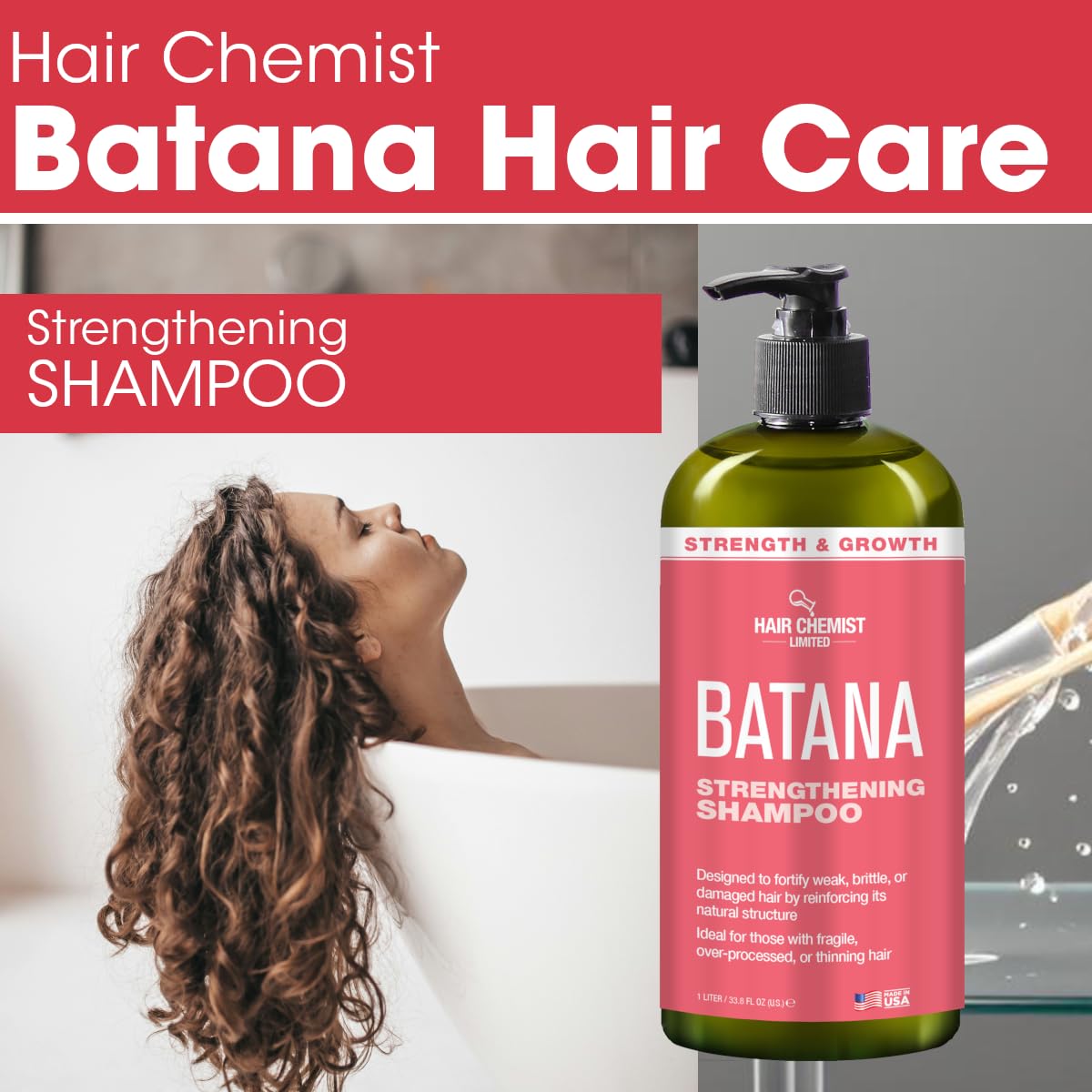 Hair Chemist Batana Strengthening Shampoo packaging shows large 33.8 oz bottle
