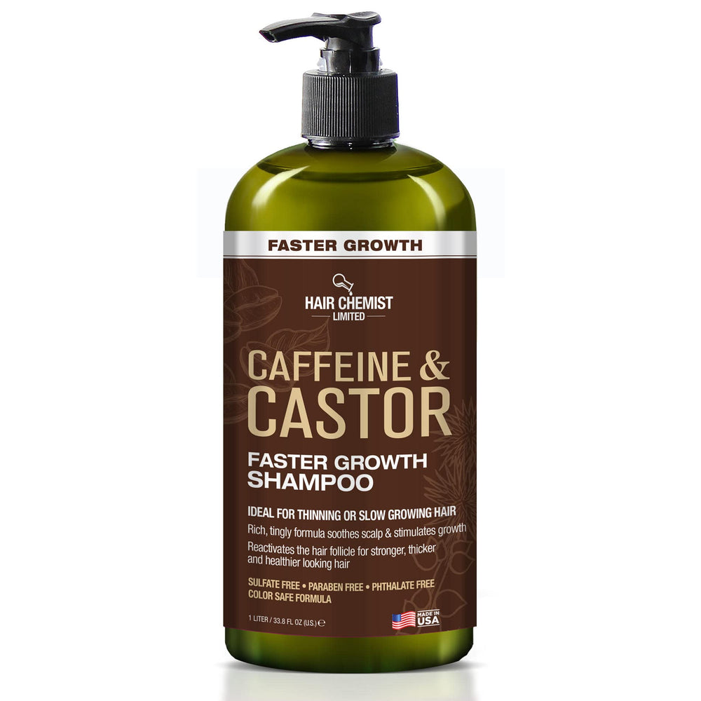 Hair Chemist caffeine and castor shampoo bottle showing the fortifying formula for daily cleansing.