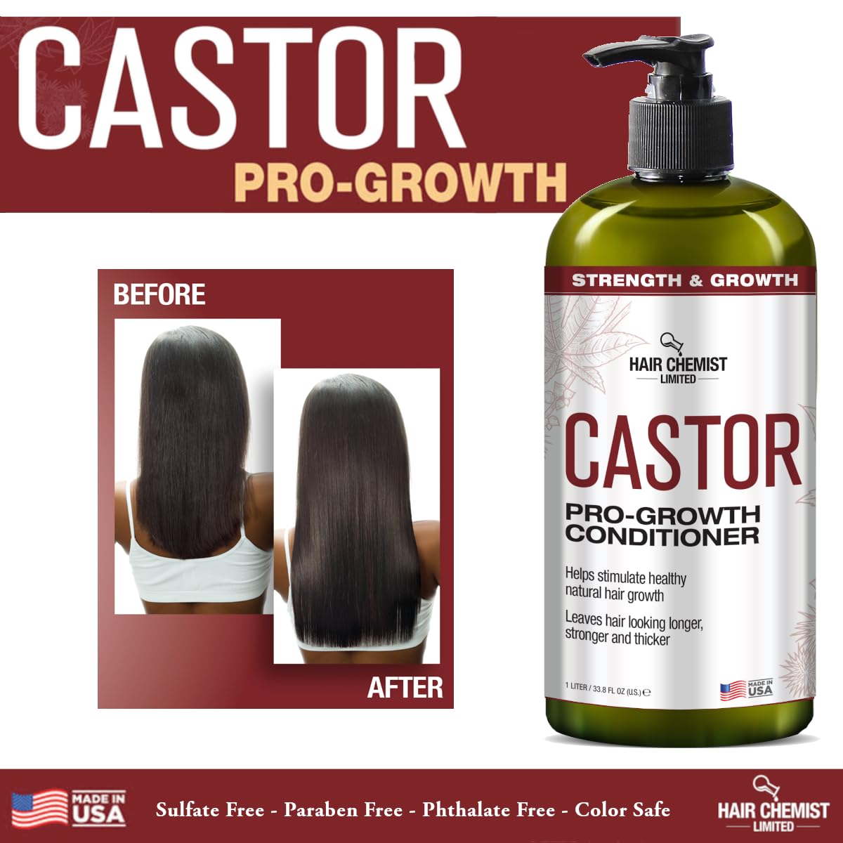 Hair Chemist Castor Pro-Growth bottles proudly made in the USA