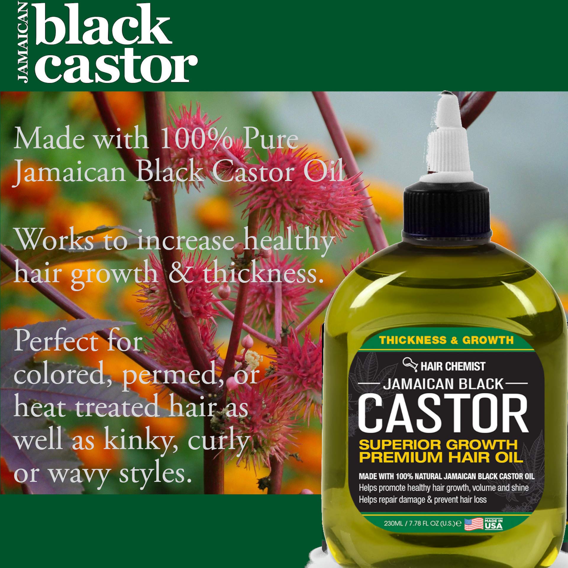 Hair Chemist Jamaican Black Castor Oil close-up highlights premium formula for scalp nourishment