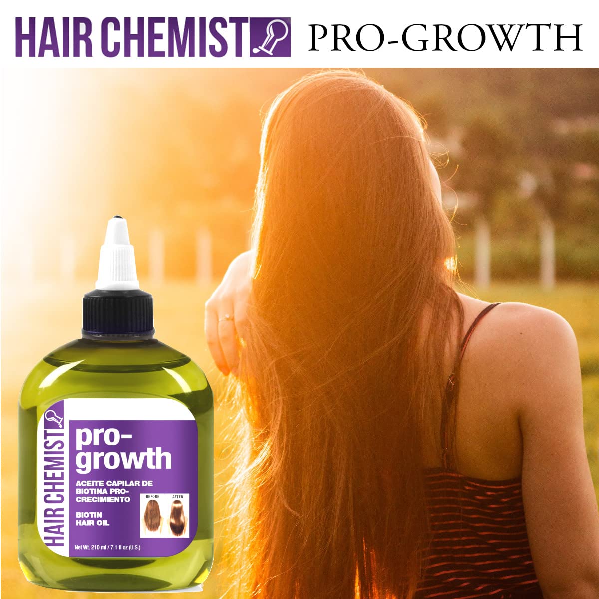 Close-up of label on Hair Chemist Pro-Growth Biotin Hair Oil.