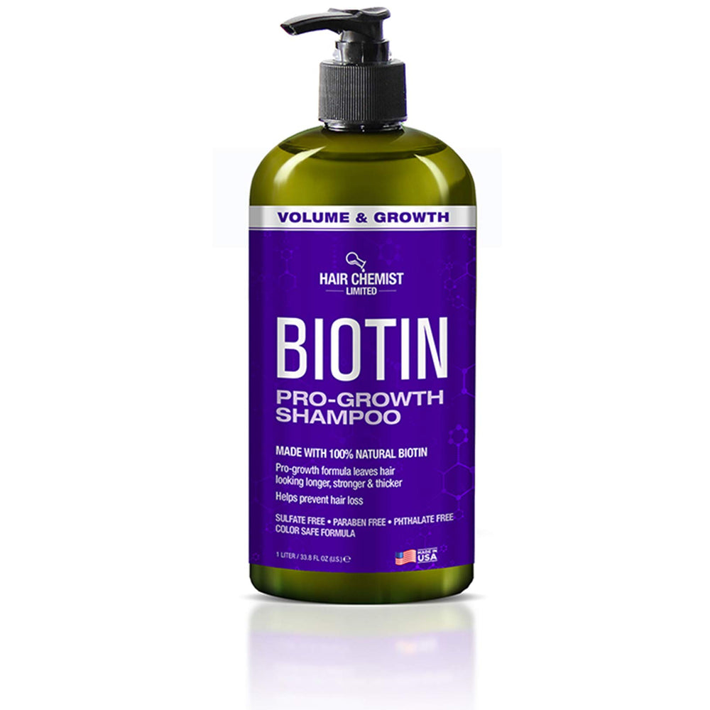 Hair Chemist Pro-Growth Shampoo bottle close-up showing biotin enrichment