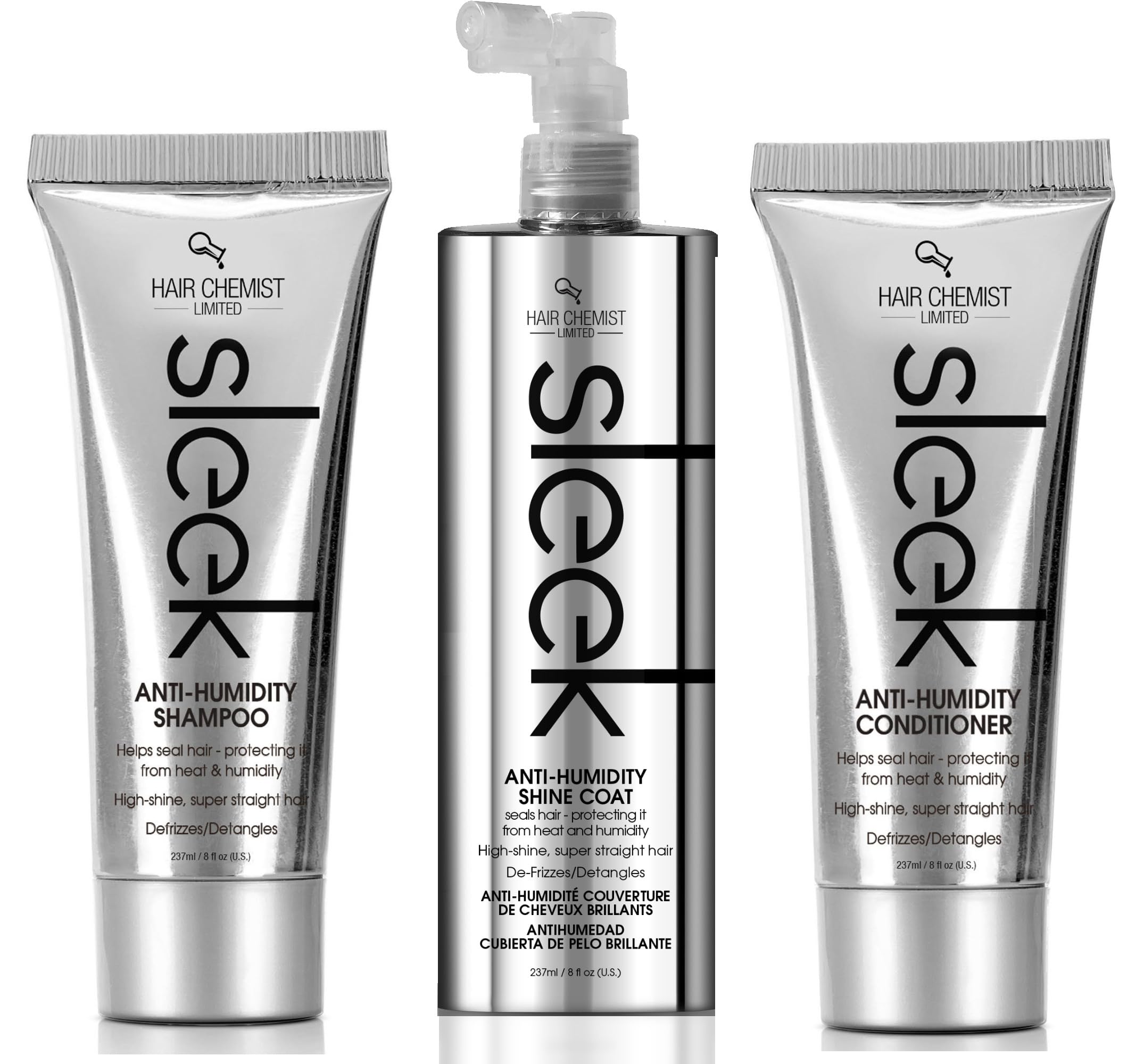 Hair Chemist Sleek Anti-Humidity Shampoo bottle showing frizz defense and cleansing action