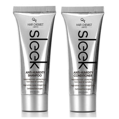 Hair Chemist SLEEK shampoo tube demonstrates anti humidity protection for sleek, frizz free hair