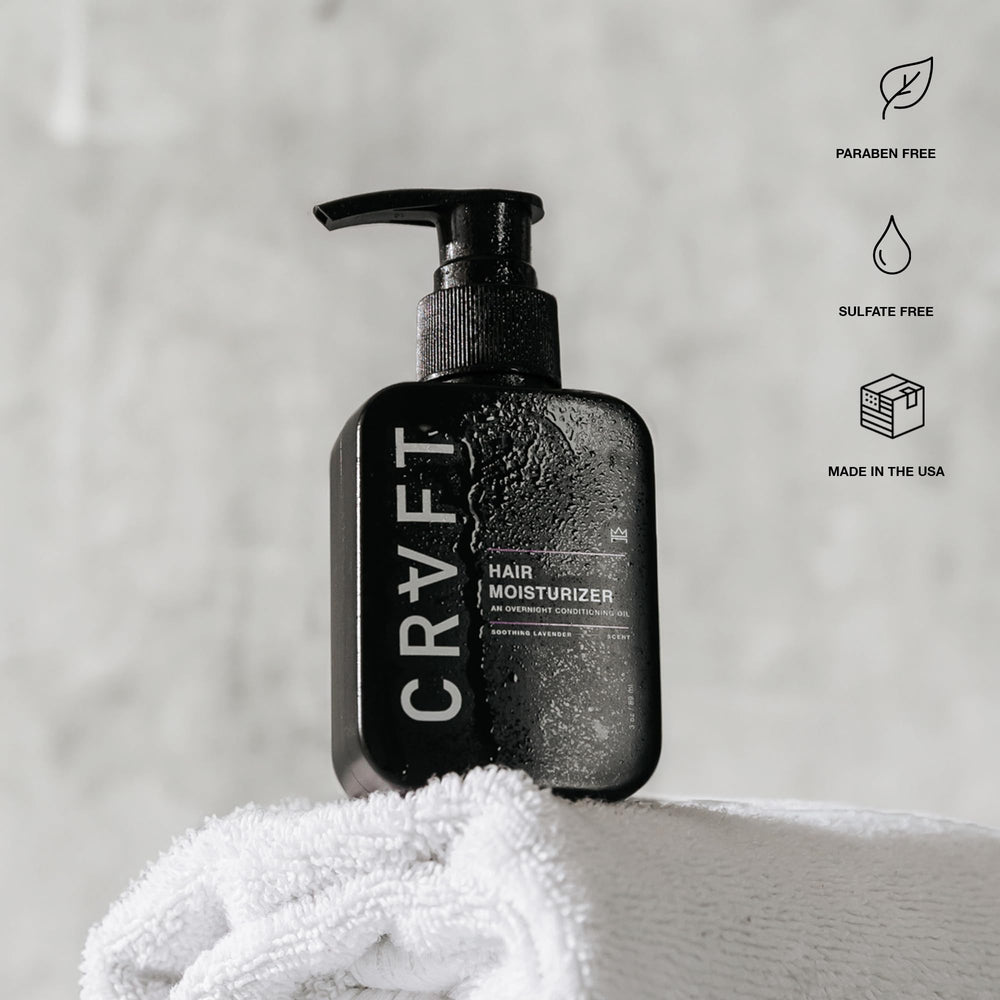 Hair Craft Co. CRVFT packaging shot suggests travel-friendly 3oz bottle for on-the-go grooming.