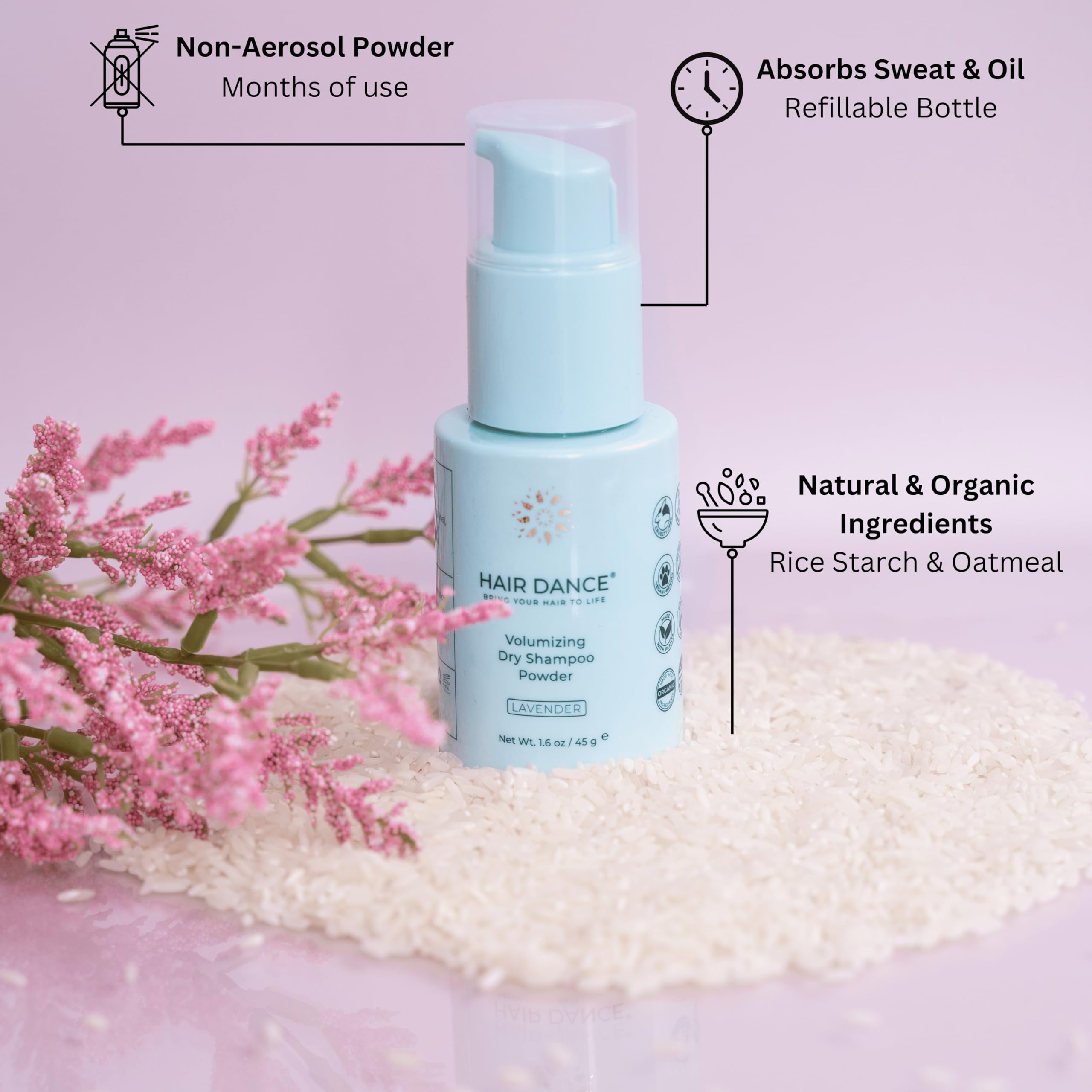 Hair Dance dry shampoo powder lavender pour demonstrating quick oil absorption for mornings