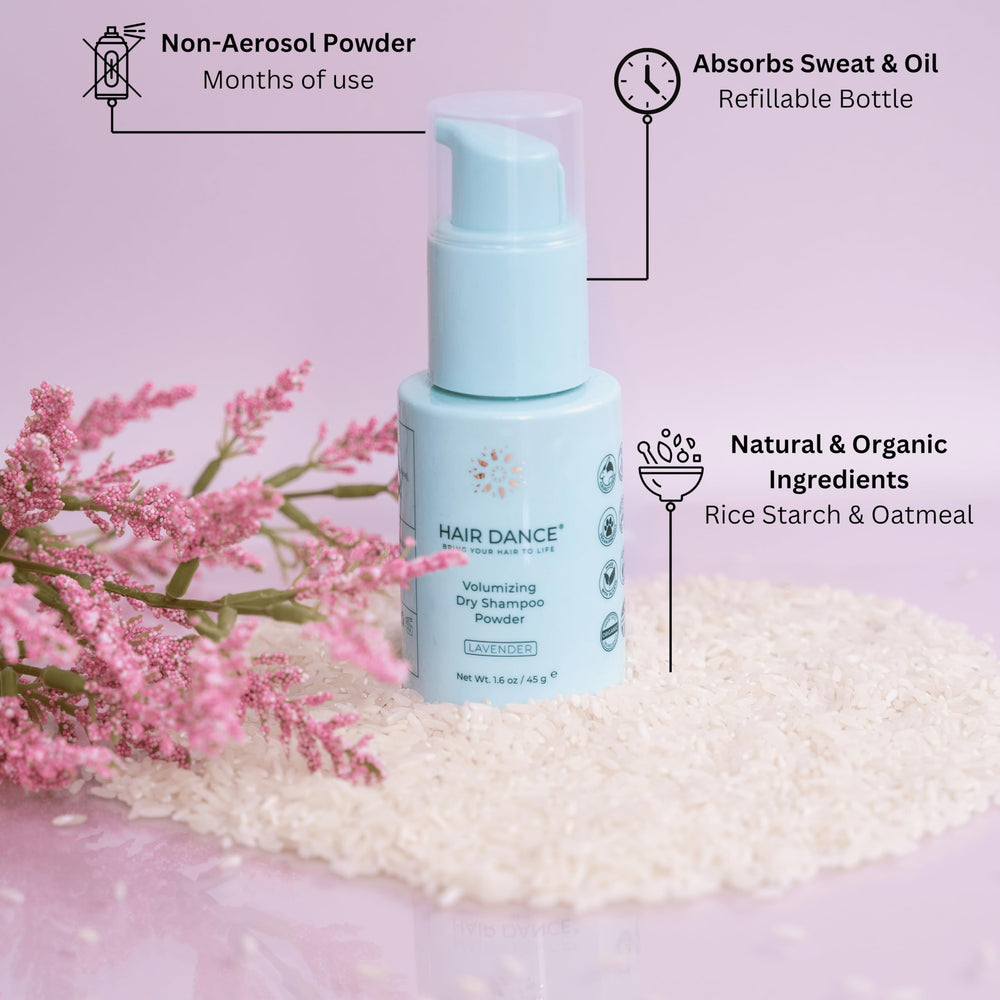 Hair Dance dry shampoo powder lavender pour demonstrating quick oil absorption for mornings