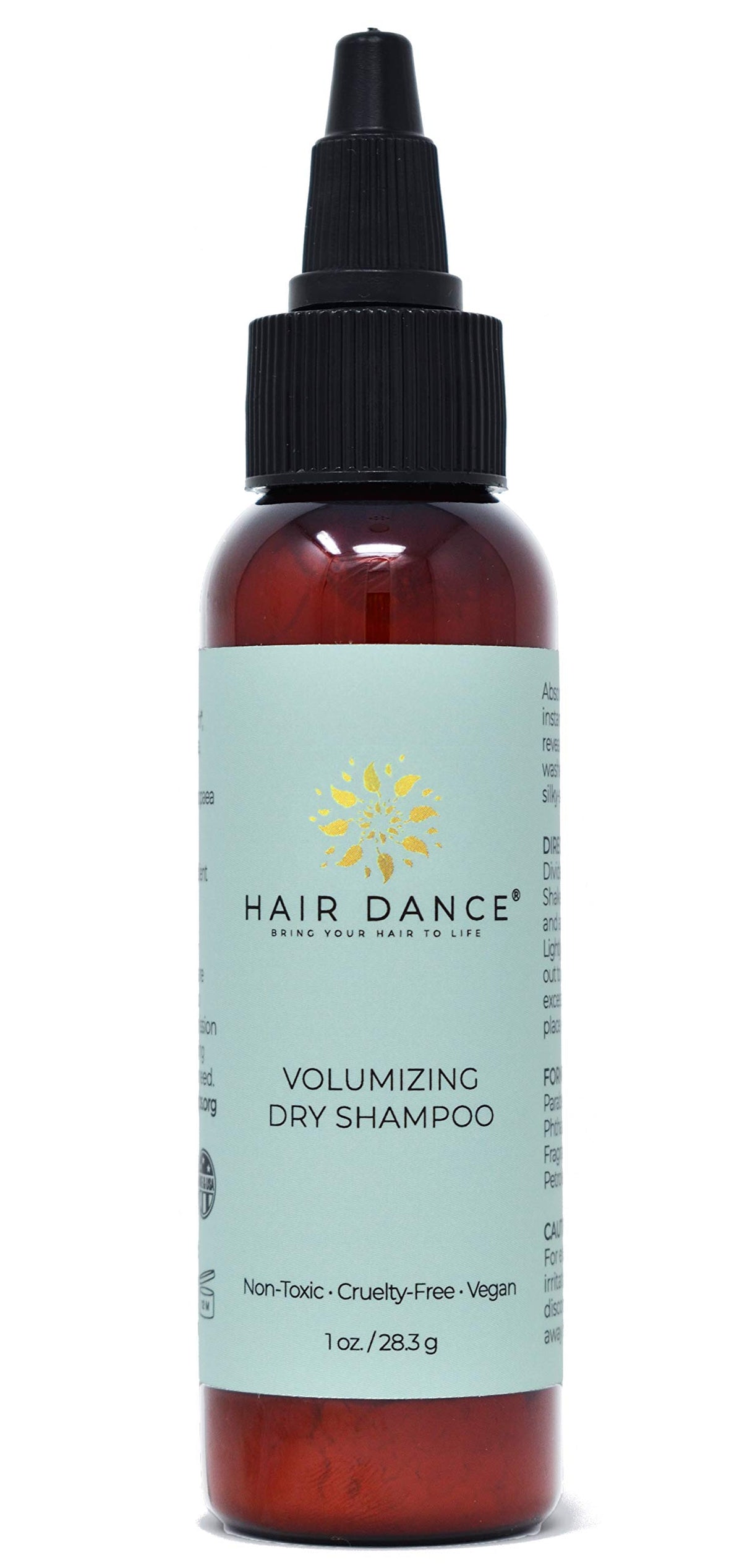 Hair Dance Dry Shampoo Volume Powder bottle shows compact on the go refreshment for oily roots.