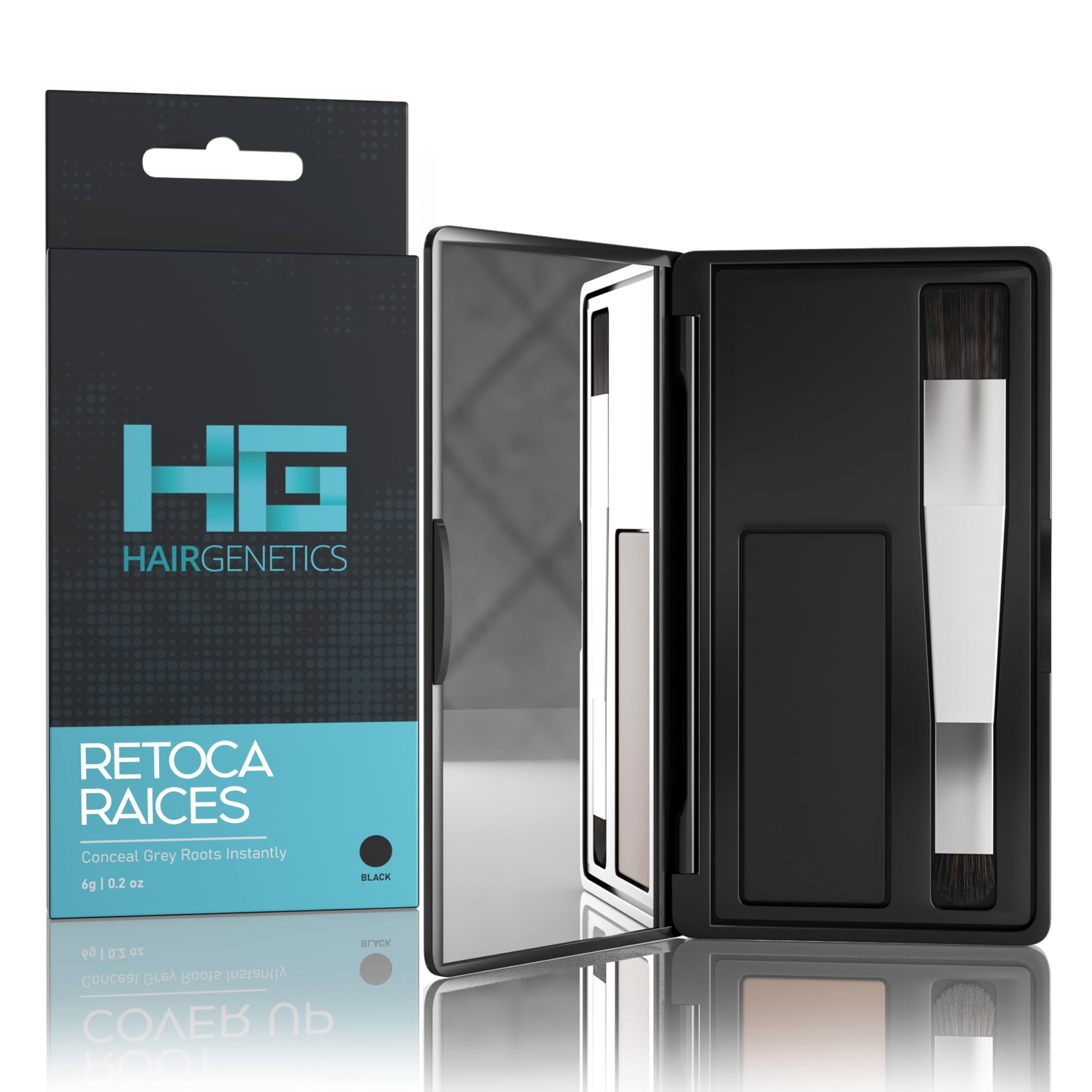 Hair Genetics root touch-up compact with mirror for on-the-go styling and quick gray coverage