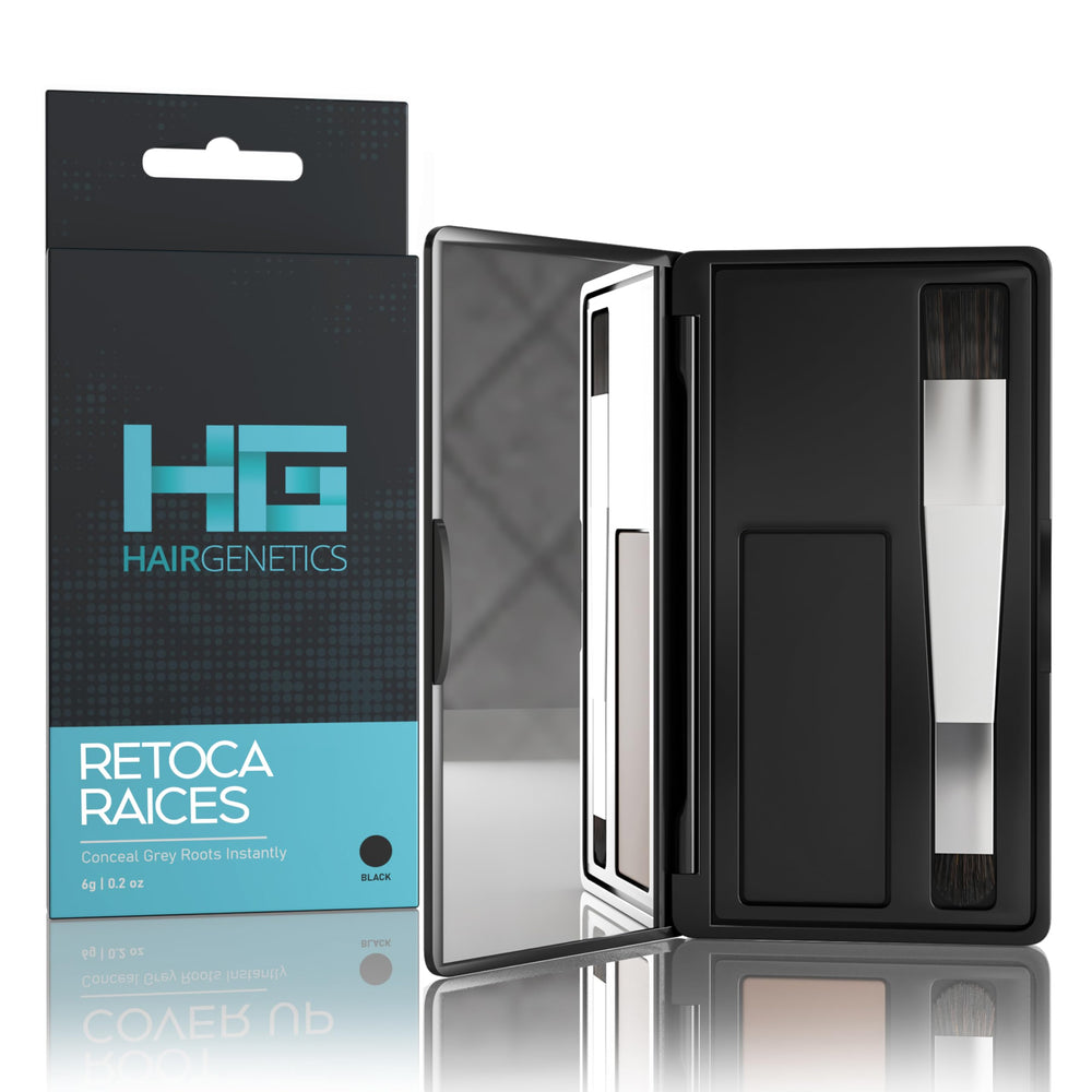Hair Genetics root touch-up compact with mirror for on-the-go styling and quick gray coverage