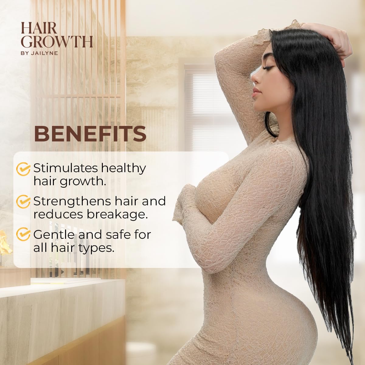 Hair Growth by Jailyne Ojeda wet-hair image emphasizes nourishing formula reducing breakage.