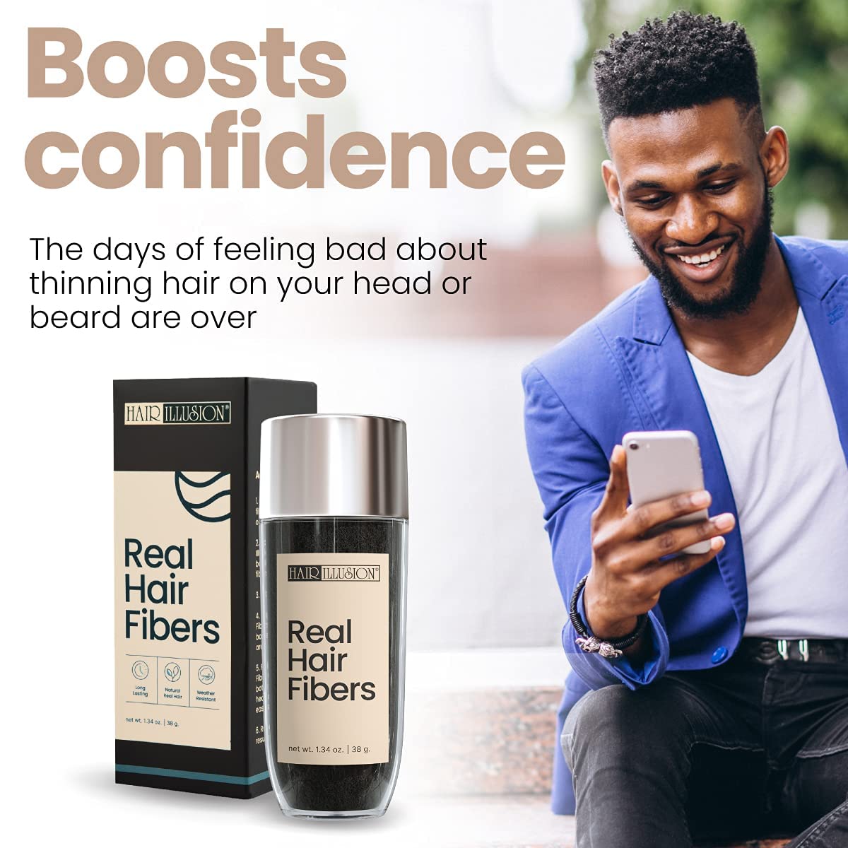 Hair Illusion fibers bottle nozzle cap demonstrating even application and mess-free use