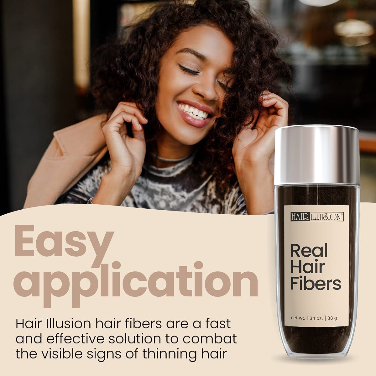 Hair Illusion fibers conceal a bald spot on the crown area.