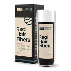 Hair Illusion jet black bottle showing premium natural fibers for fuller hair.