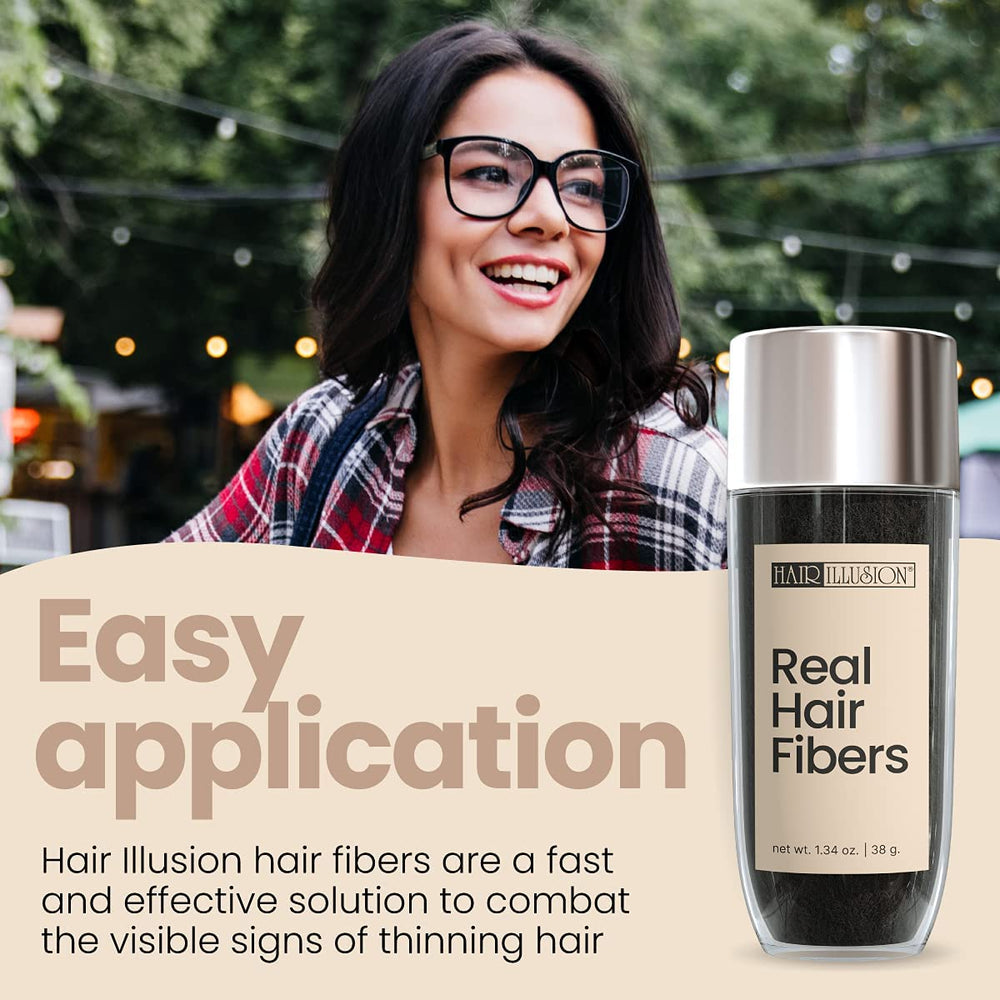 Hair Illusion close-up shows 100% natural real hair fibers blending with existing hair for discreet coverage