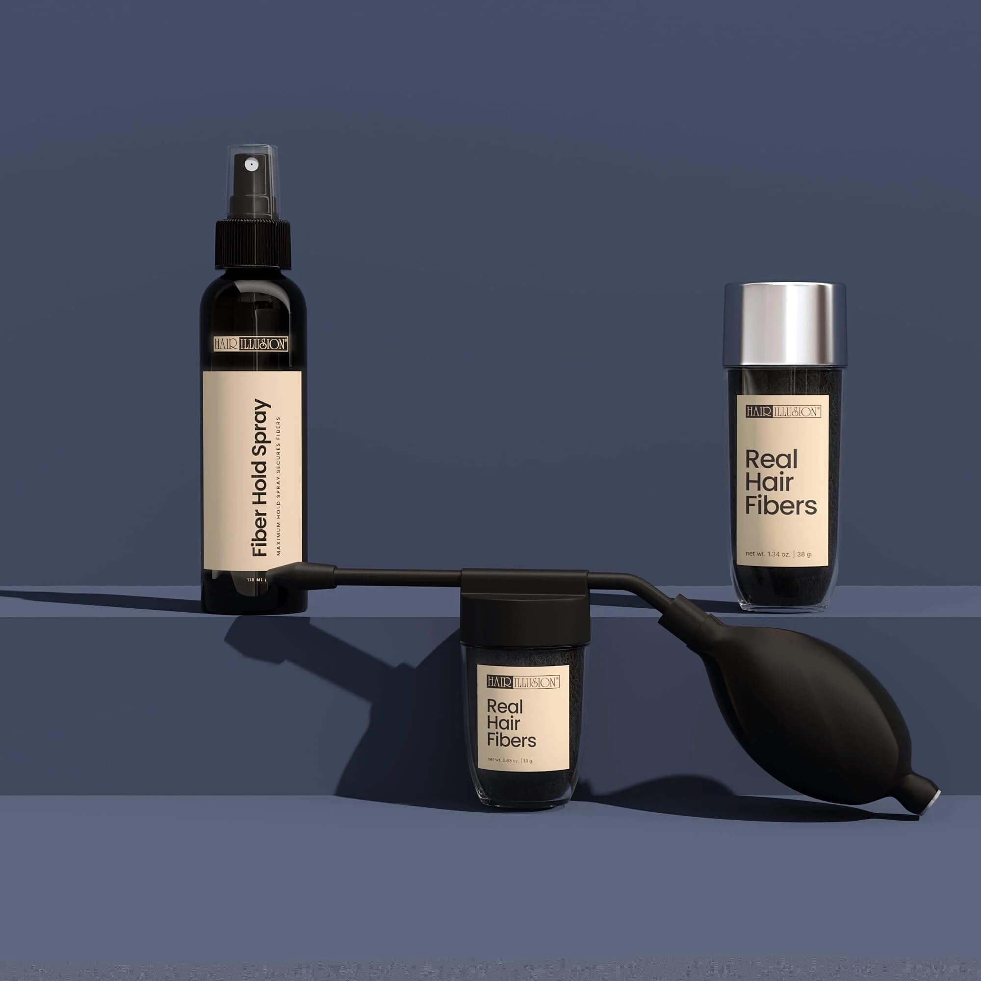 Hair Illusion combo kit hold spray image demonstrates secure hold for natural-looking volume.